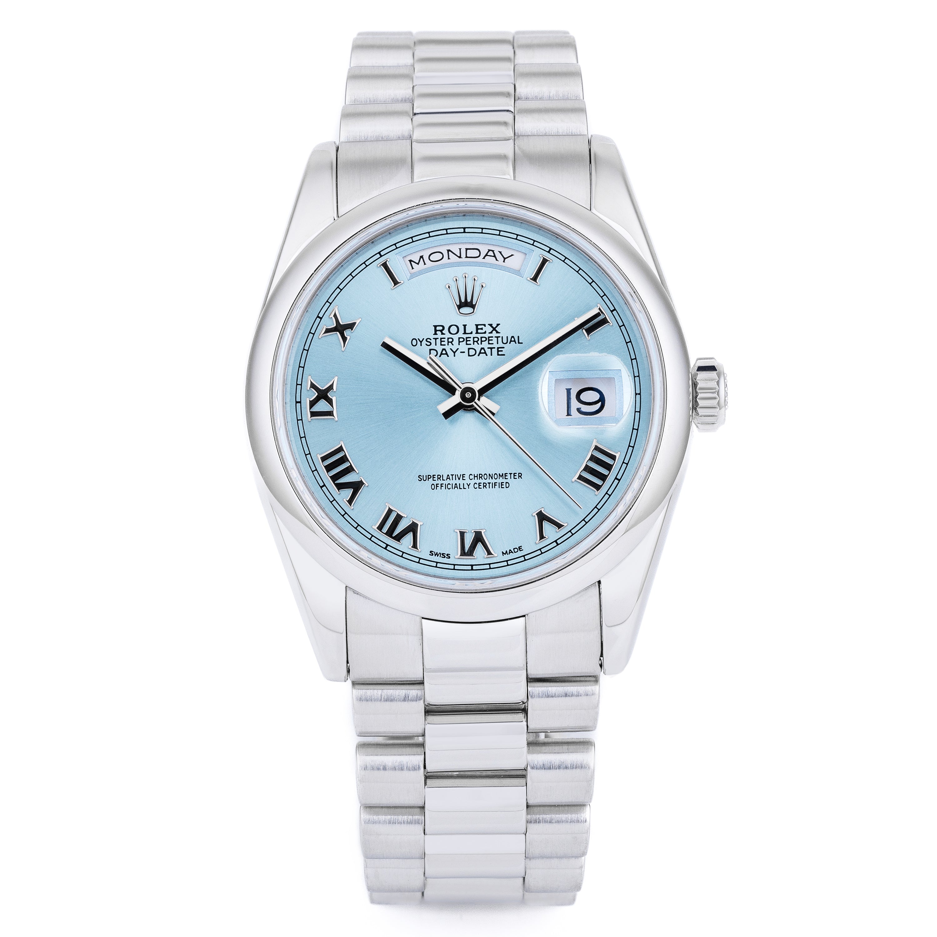 Rolex Day-Date | REF. 118206 | Ice Blue Dial | Platinum | Box & Papers + Rolex Service Papers | 36mm