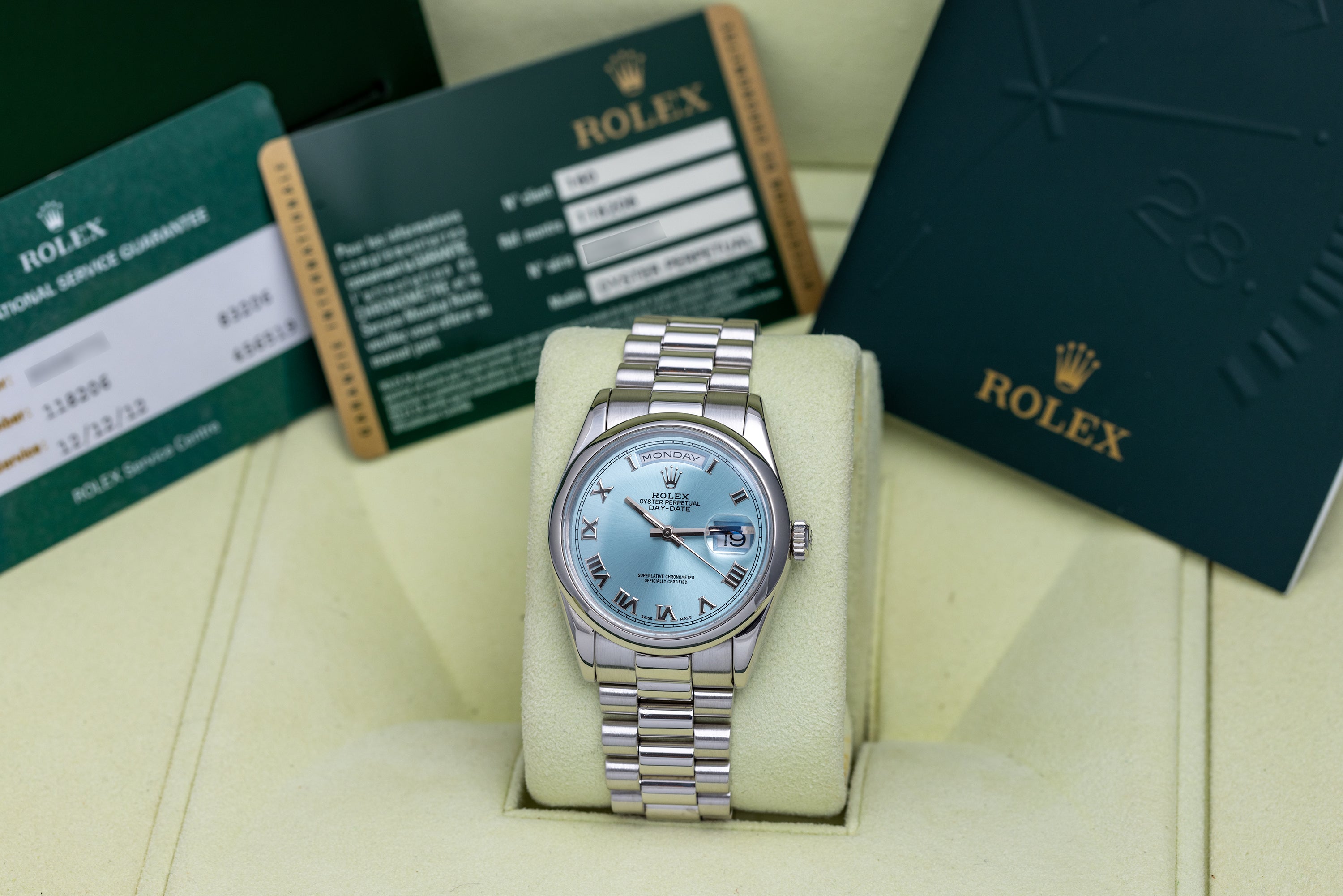 Rolex Day-Date | REF. 118206 | Ice Blue Dial | Platinum | Box & Papers + Rolex Service Papers | 36mm