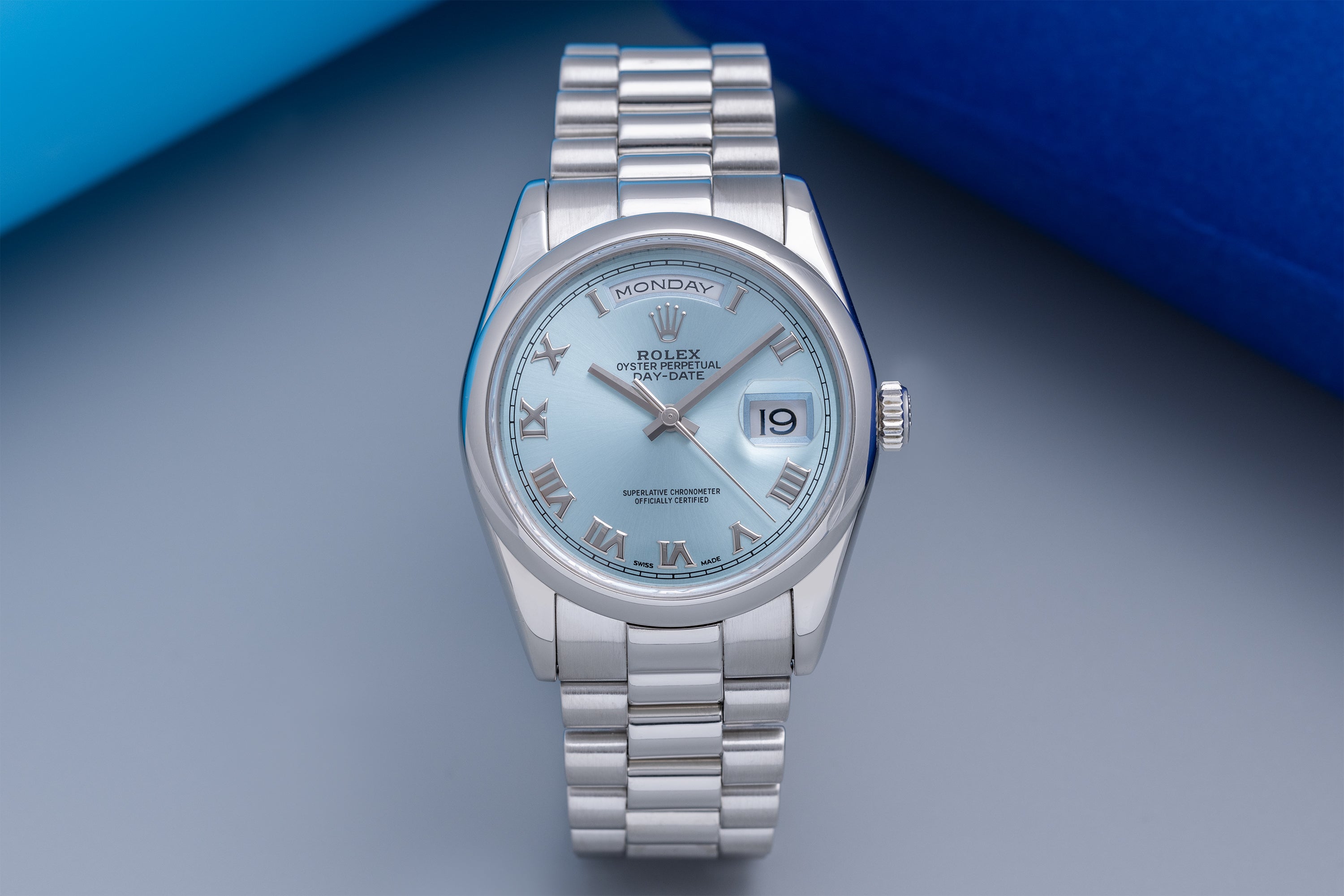 Rolex Day-Date | REF. 118206 | Ice Blue Dial | Platinum | Box & Papers + Rolex Service Papers | 36mm