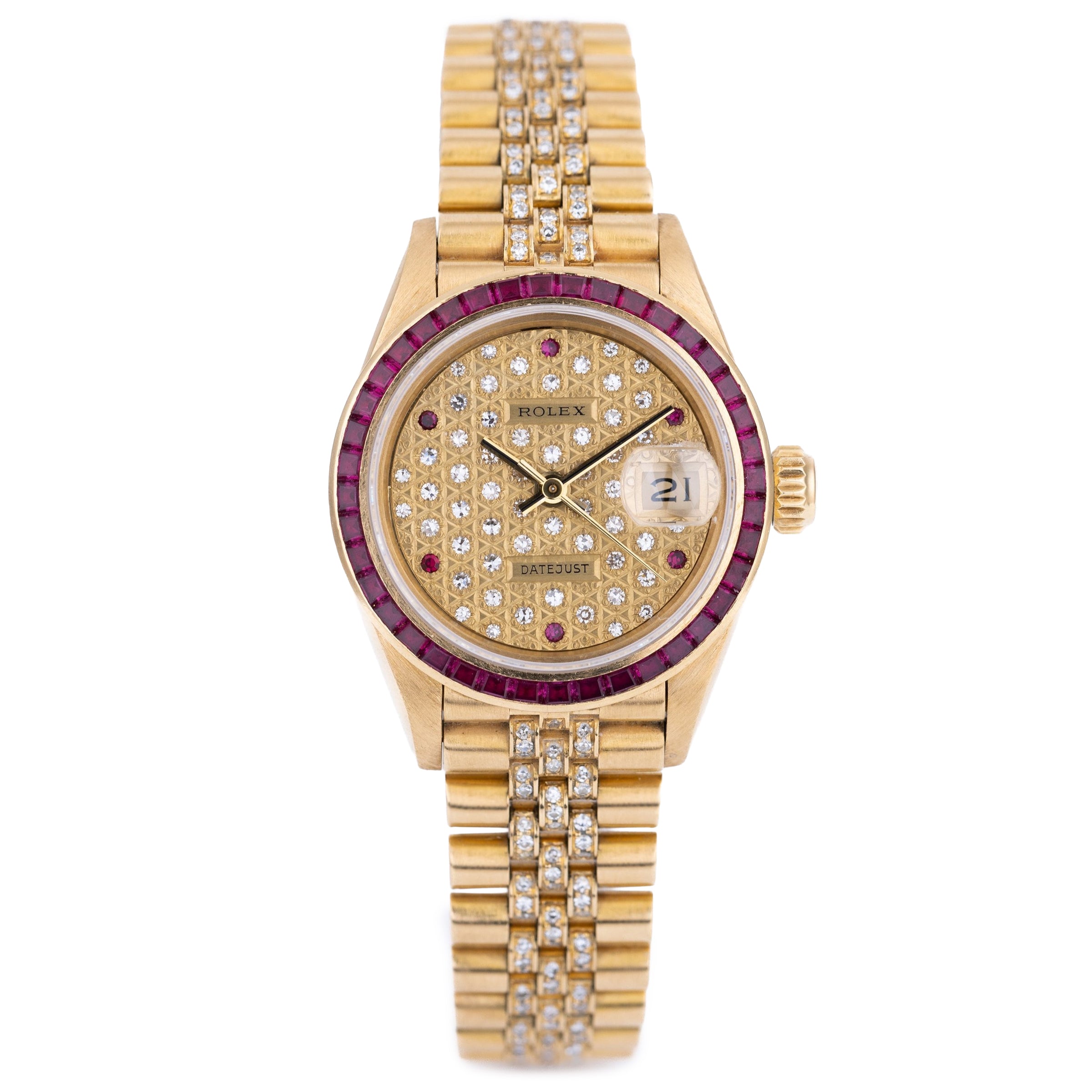 Rolex Lady DateJust | REF. 69098 | Gold Diamond Dial | Ruby Baguette Bezel & Hours | Diamond Bracelet | 1986 | 18k Yellow Gold