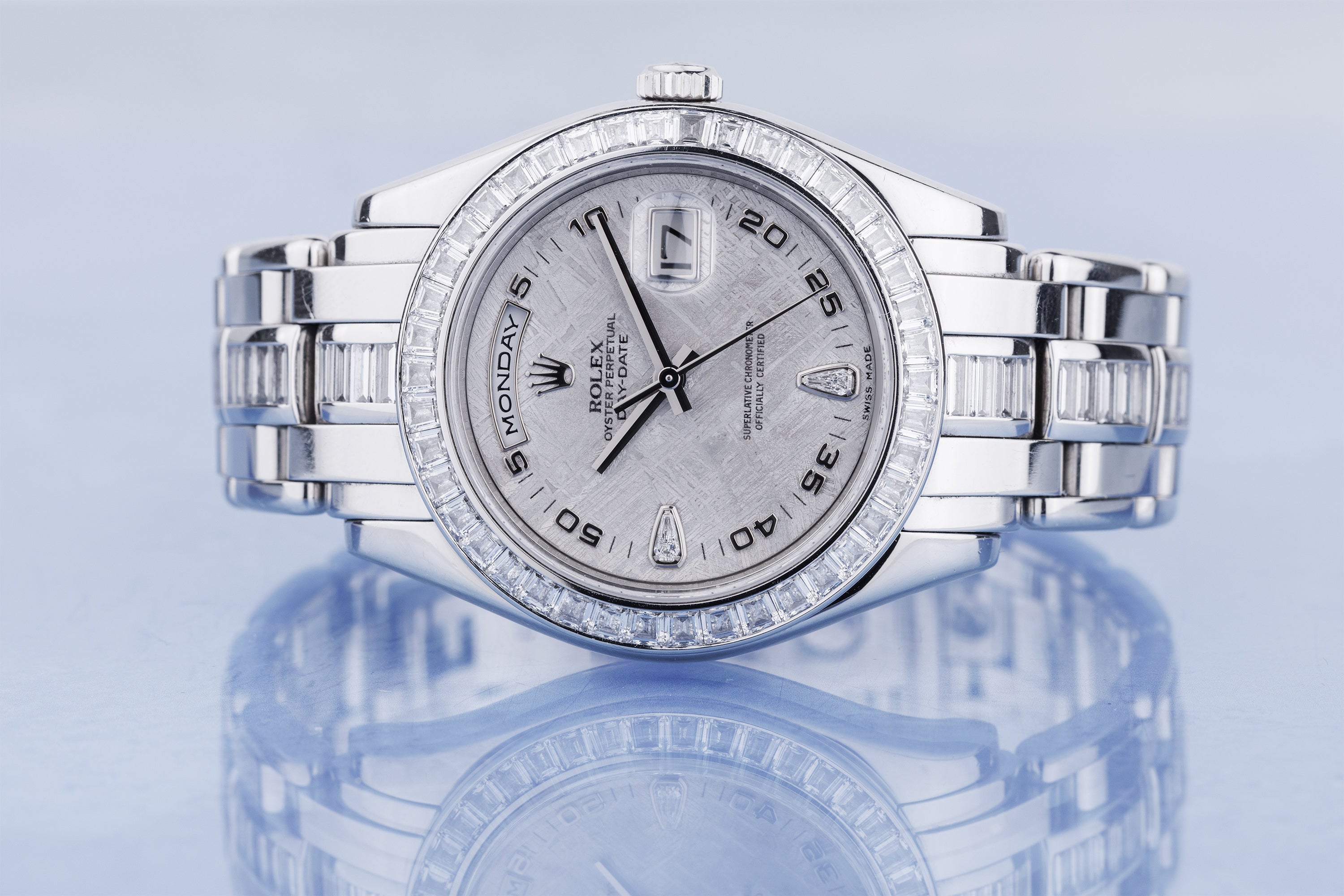 Rolex Day-Date Masterpiece 39mm | REF. 18956BR | Platinum | Meteorite Dial | Baguette-Cut Diamond Bezel & Bracelet | Box & Papers | 2007