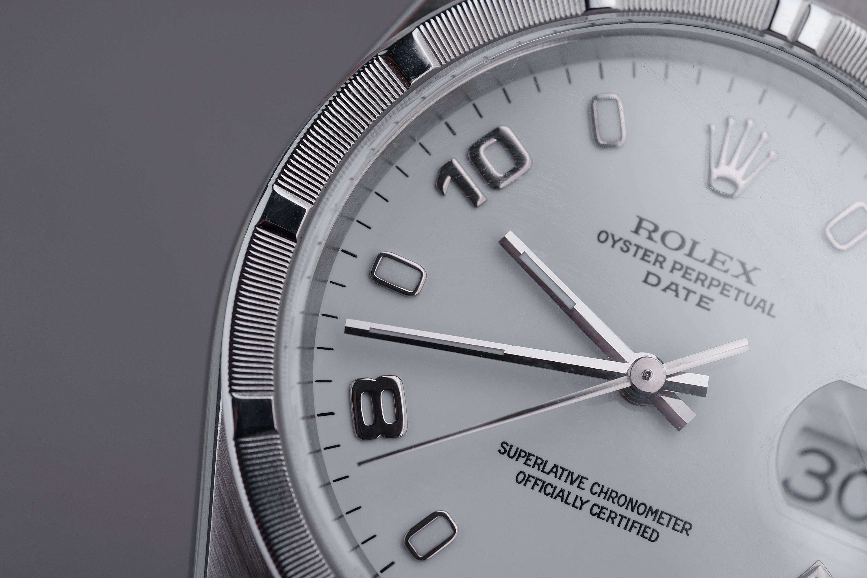 Rolex Date 34mm | REF. 15210 | White Dial | Engine Turned Bezel | Stainless Steel | 2001
