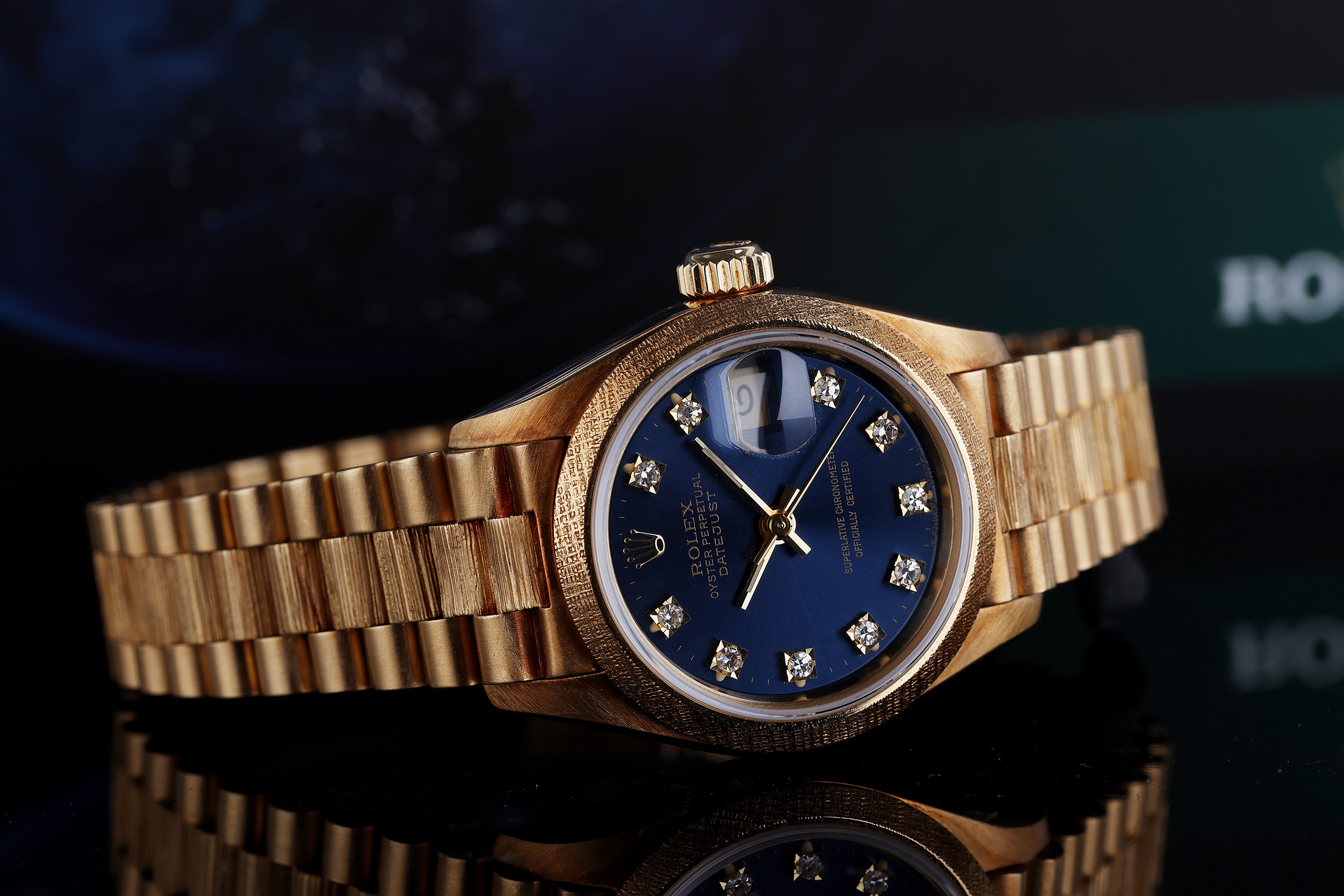 Rolex Lady DateJust 26mm | REF. 69018 | Morellis / Florentine Finish | Blue Diamond Dial | Box & Papers + Rolex Service Papers | 1994