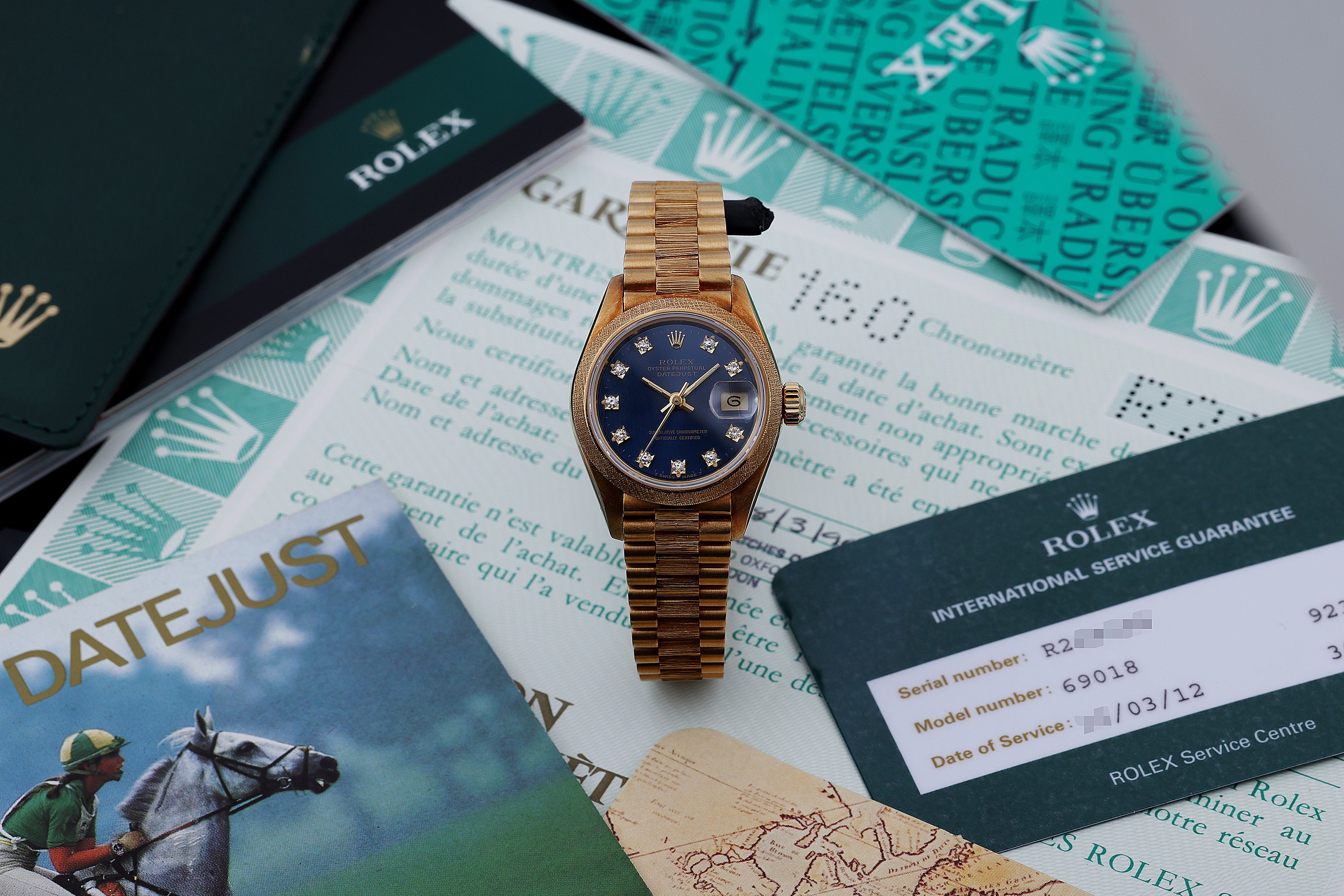Rolex Lady DateJust 26mm | REF. 69018 | Morellis / Florentine Finish | Blue Diamond Dial | Box & Papers + Rolex Service Papers | 1994