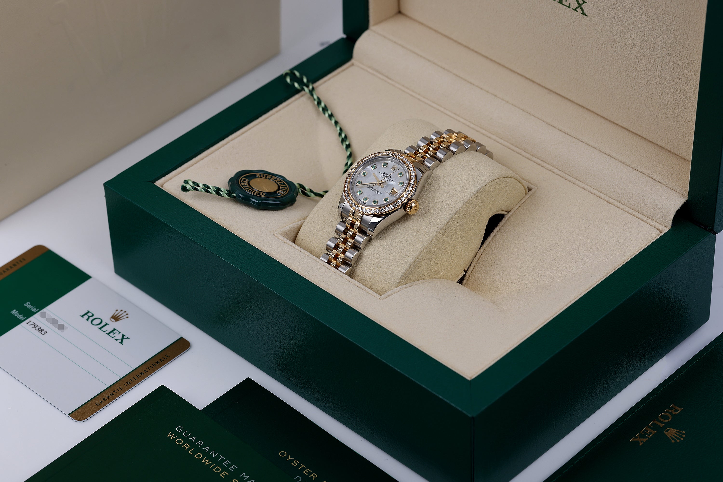 Rolex Lady DateJust | REF. 179383 | Emerald & Mother of Pearl Dial | Diamond Bezel | 26mm | Steel & 18k Yellow Gold | Box & Papers | 2018