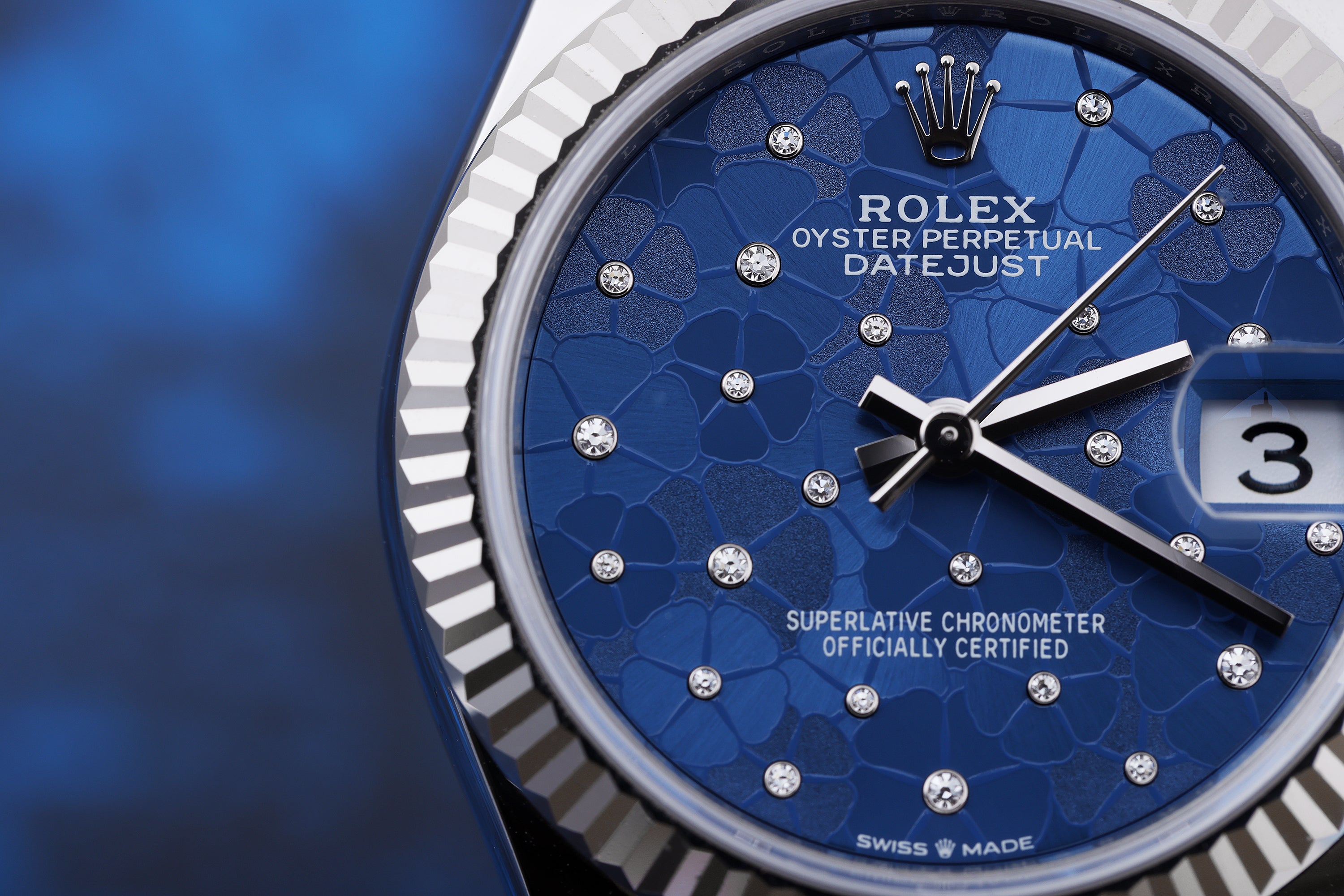 Rolex DateJust 31 | REF. 278274 | 31mm | Blue Floral Motif Diamond Dial | Stainless Steel & 18k White Gold | Box & Papers | 2022