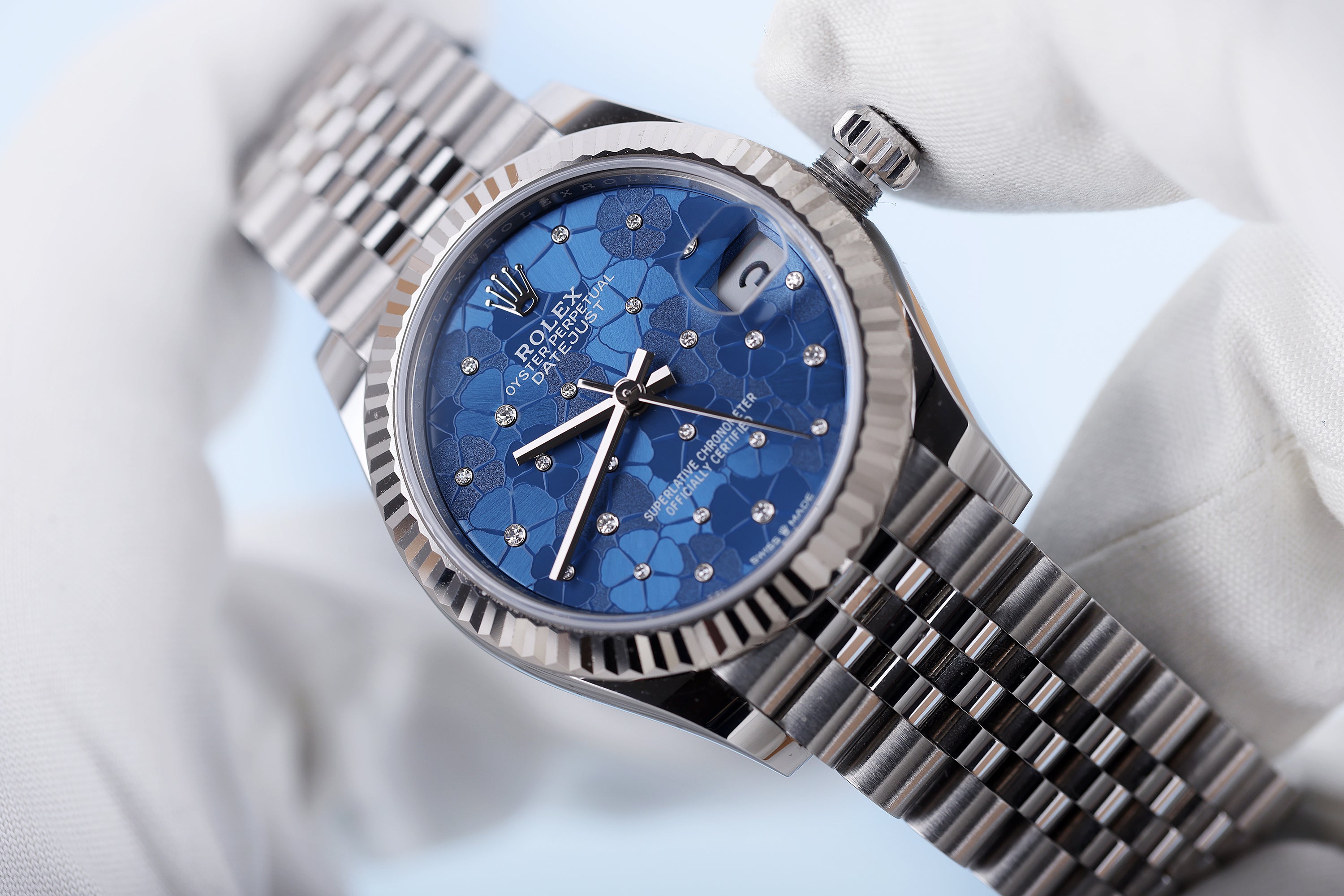 Rolex DateJust 31 | REF. 278274 | 31mm | Blue Floral Motif Diamond Dial | Stainless Steel & 18k White Gold | Box & Papers | 2022