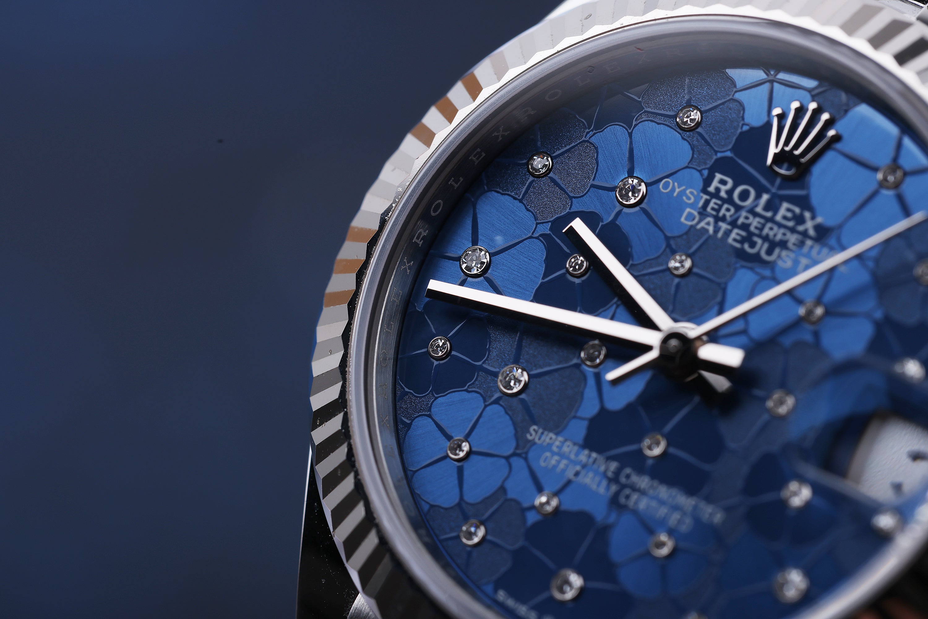 Rolex DateJust 31 | REF. 278274 | 31mm | Blue Floral Motif Diamond Dial | Stainless Steel & 18k White Gold | Box & Papers | 2022