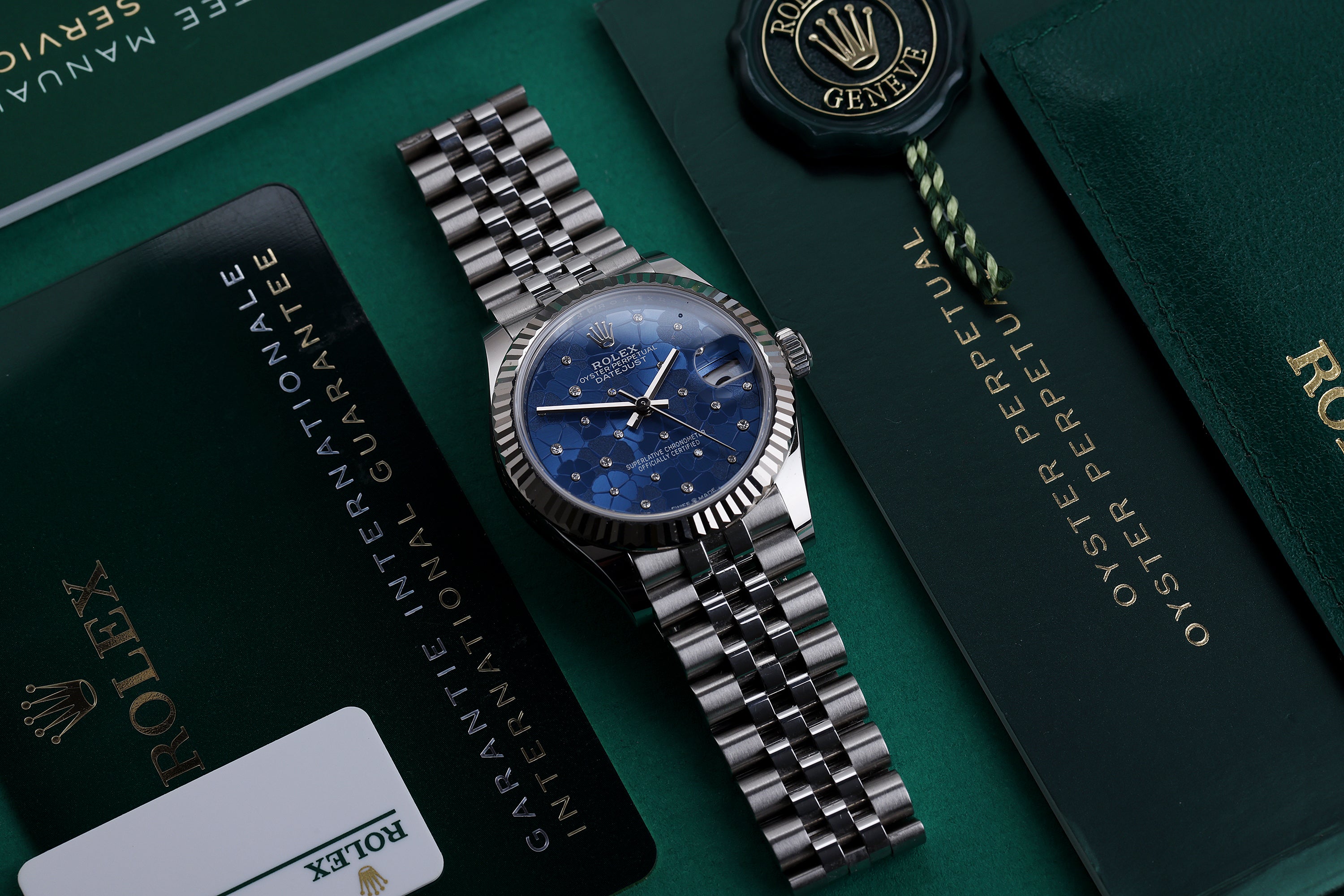 Rolex DateJust 31 | REF. 278274 | 31mm | Blue Floral Motif Diamond Dial | Stainless Steel & 18k White Gold | Box & Papers | 2022