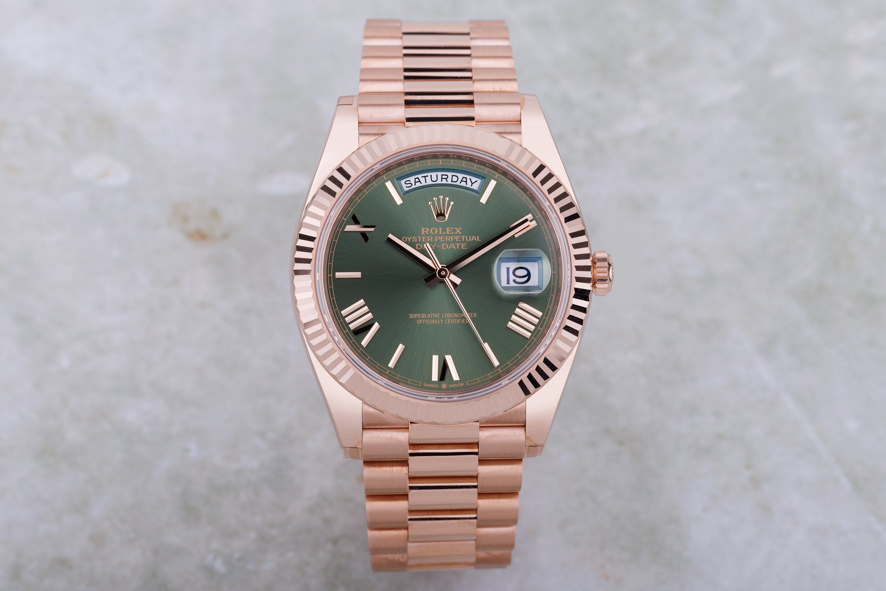Unworn Rolex Day-Date | REF. 228235 | Olive Green Dial | 18k Rose Gold | 40mm | Box & Papers | 2022