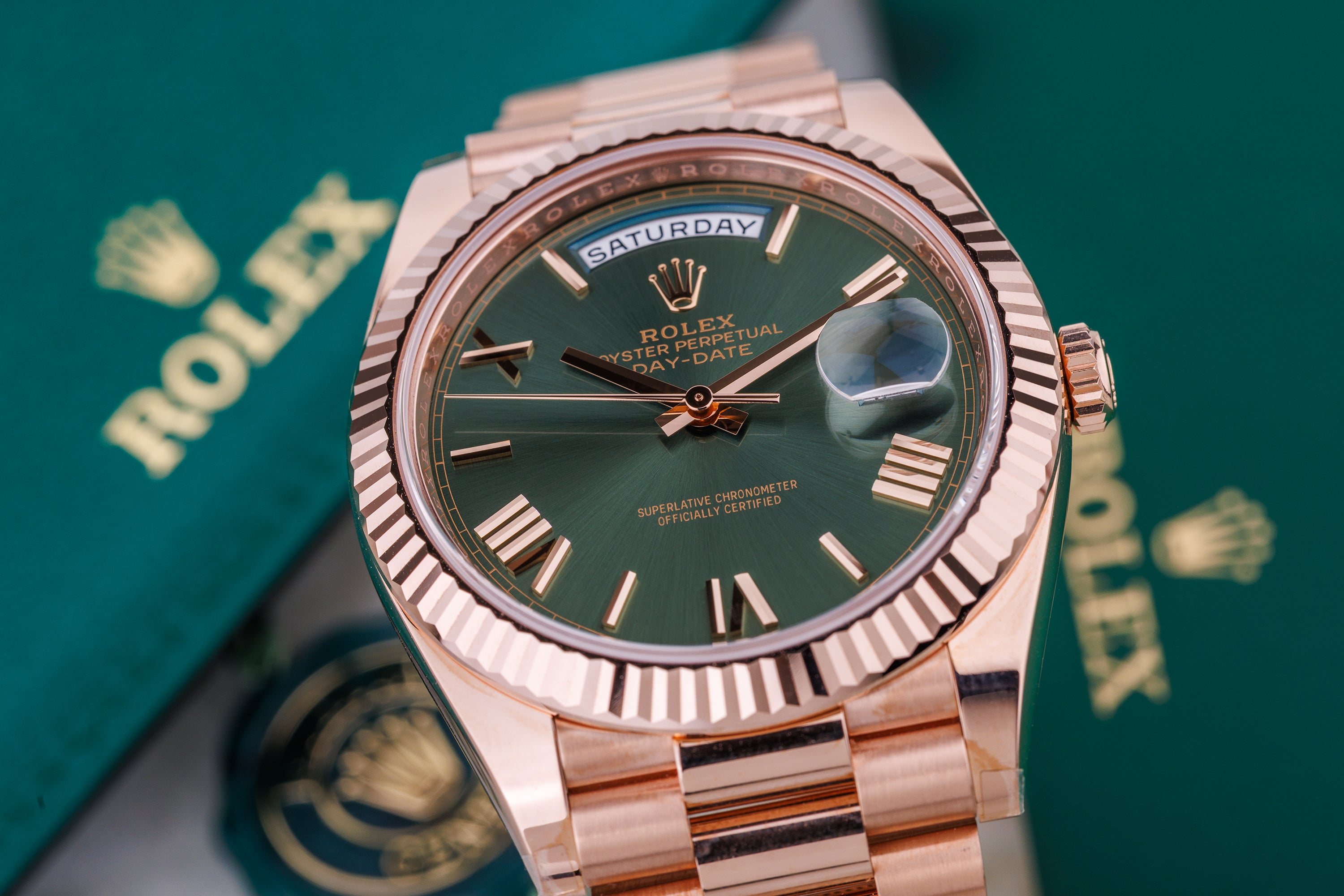 Unworn Rolex Day-Date | REF. 228235 | Olive Green Dial | 18k Rose Gold | 40mm | Box & Papers | 2022