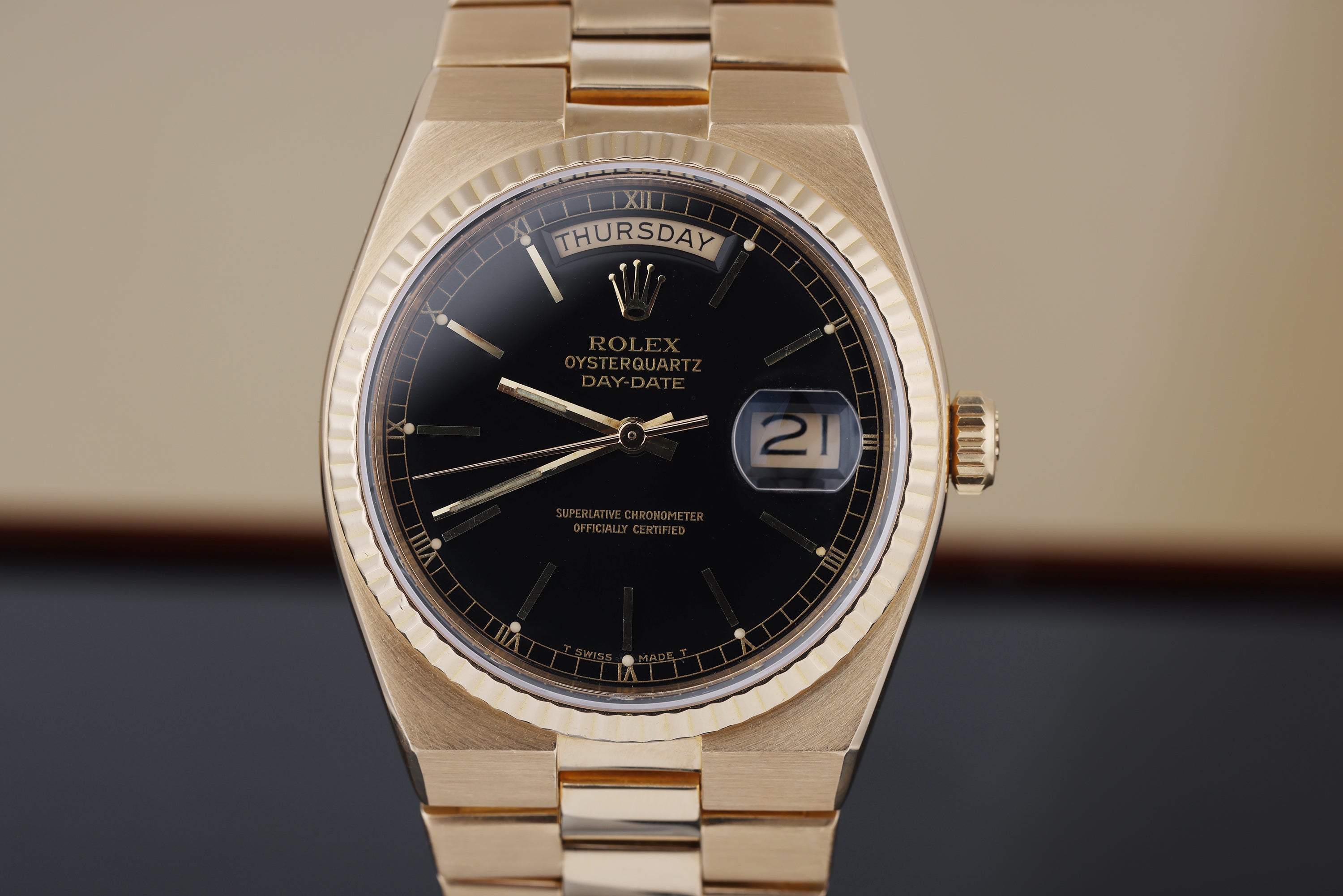 Rolex Day-Date Oysterquartz | REF. 19018 | Black Dial | 36mm | 18k Yellow Gold | 1982