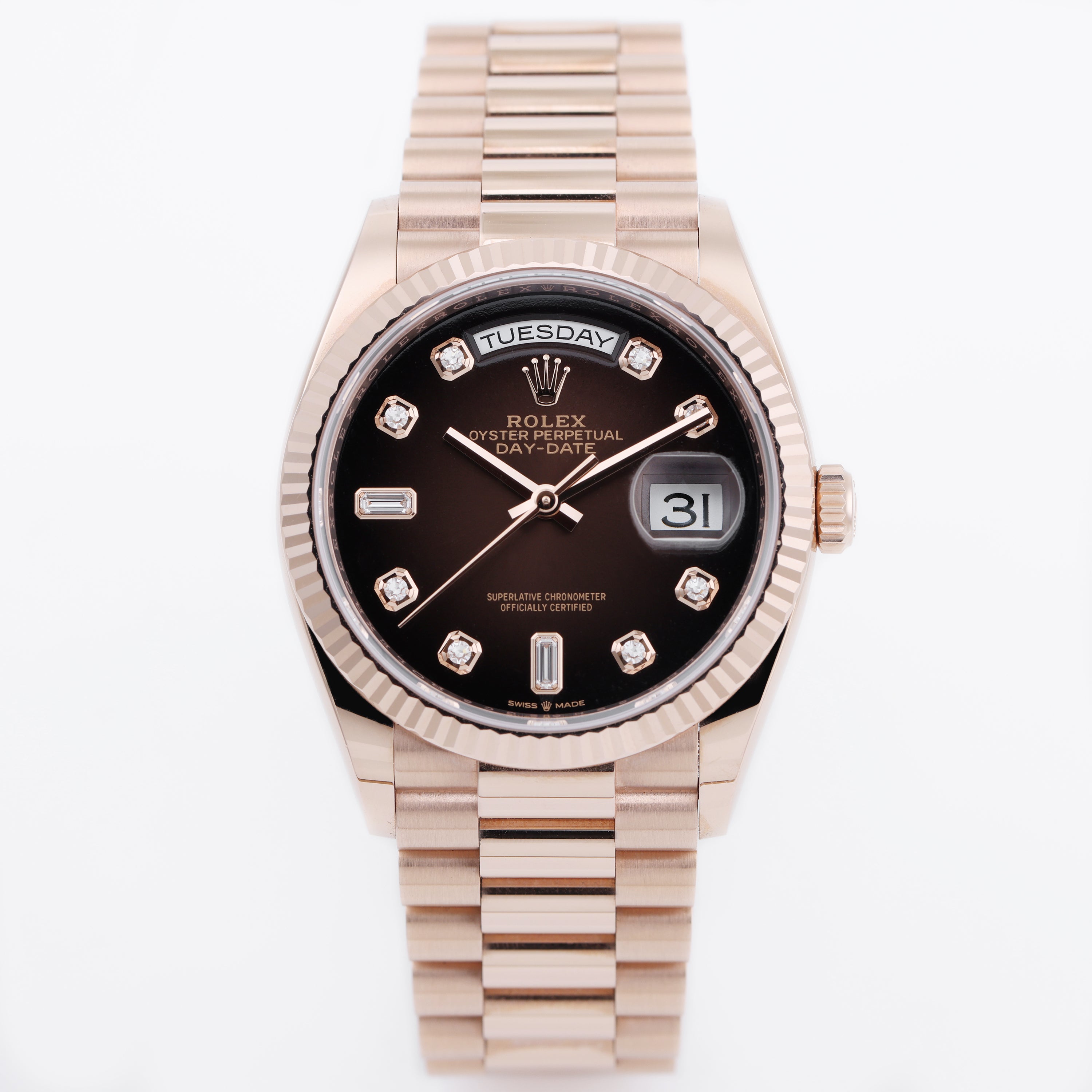 Rolex Day-Date | REF. 128235 | Brown Ombré Diamond Dial | 36mm | 18k Rose Gold | Box & Papers | 2021