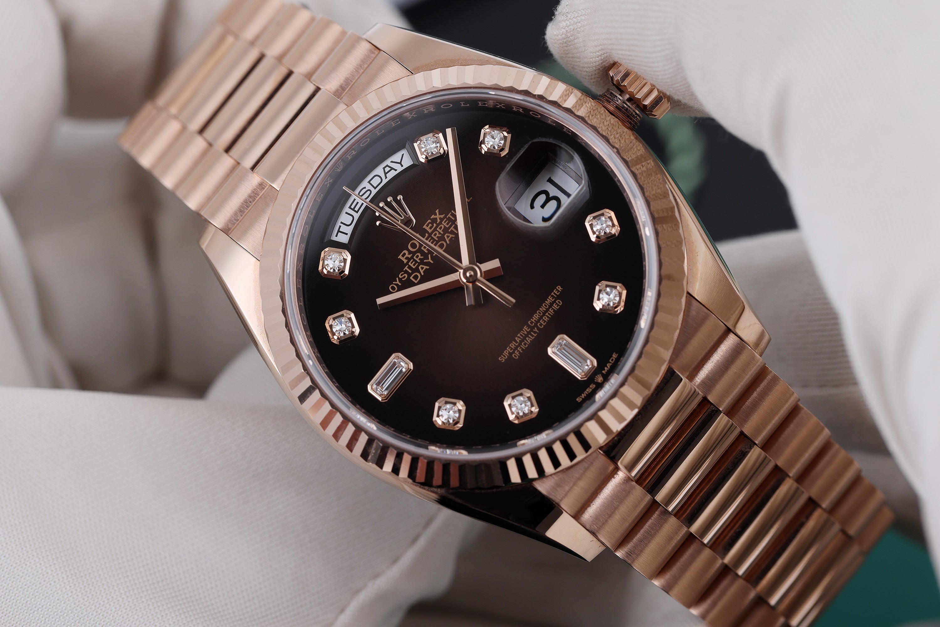 Rolex Day-Date | REF. 128235 | Brown Ombré Diamond Dial | 36mm | 18k Rose Gold | Box & Papers | 2021