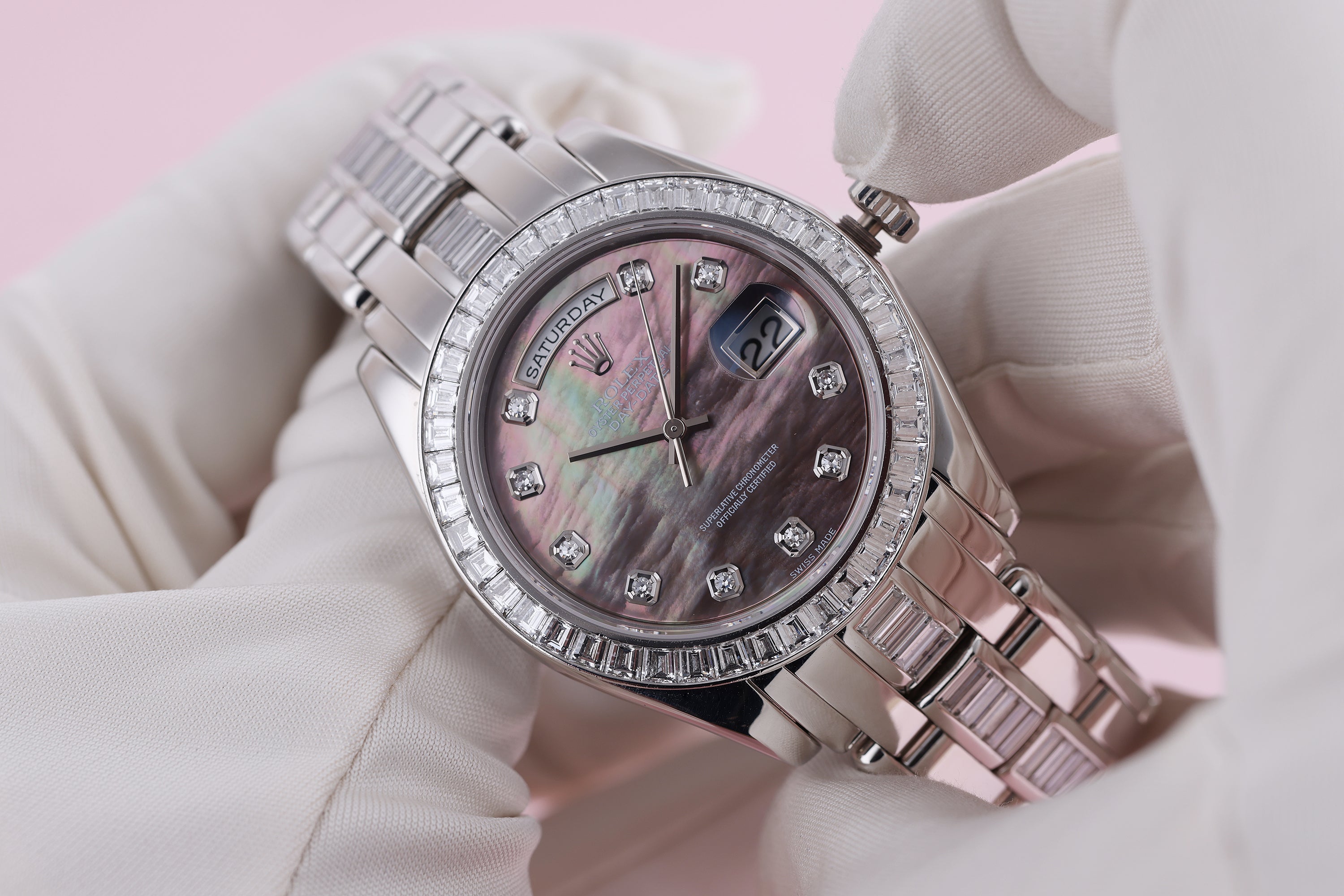 Rolex Day-Date Masterpiece 39 | REF. 18956 | Platinum | Black Mother of Pearl Diamond Dial | Diamond Bezel & Bracelet | 2000