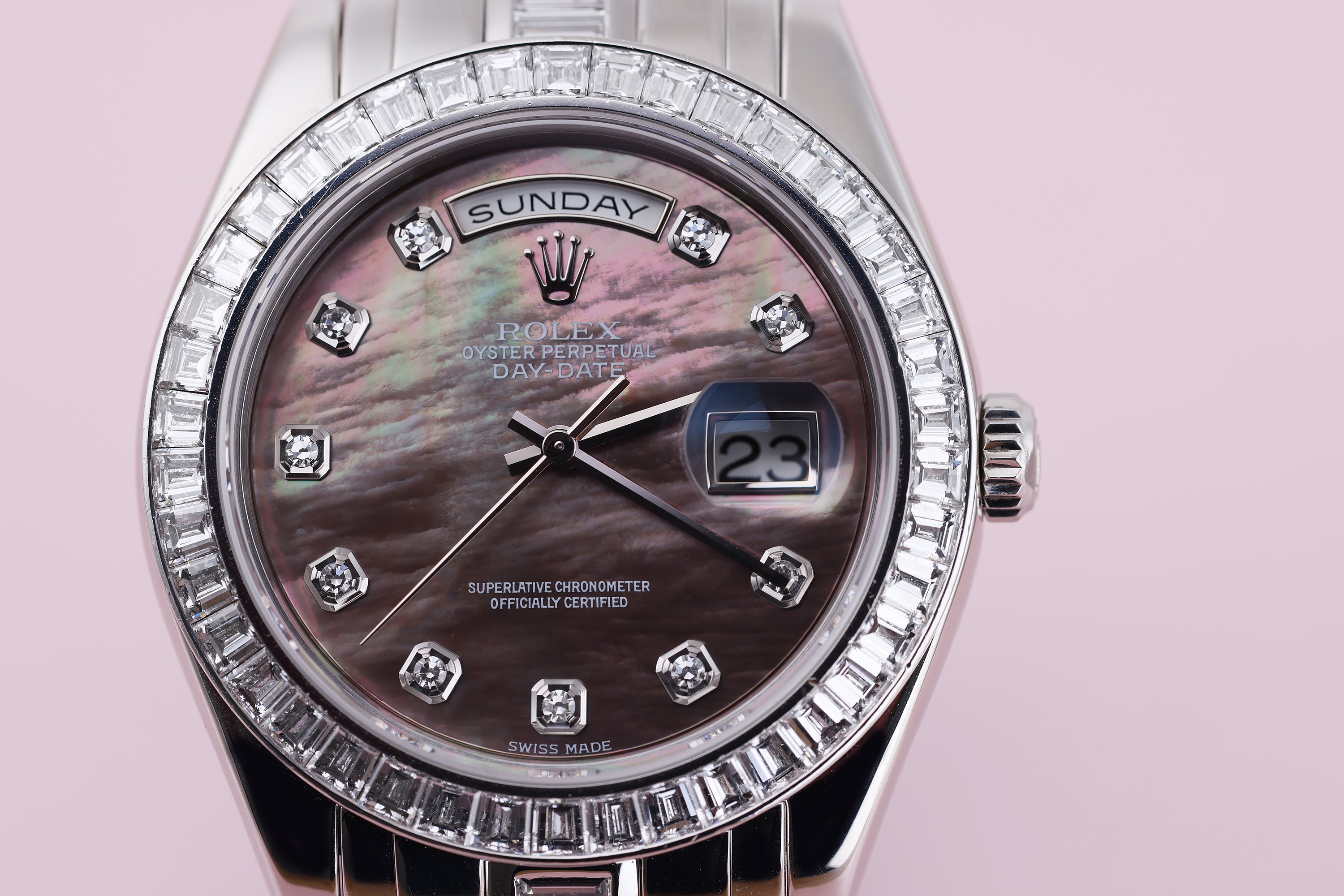 Rolex Day-Date Masterpiece 39 | REF. 18956 | Platinum | Black Mother of Pearl Diamond Dial | Diamond Bezel & Bracelet | 2000