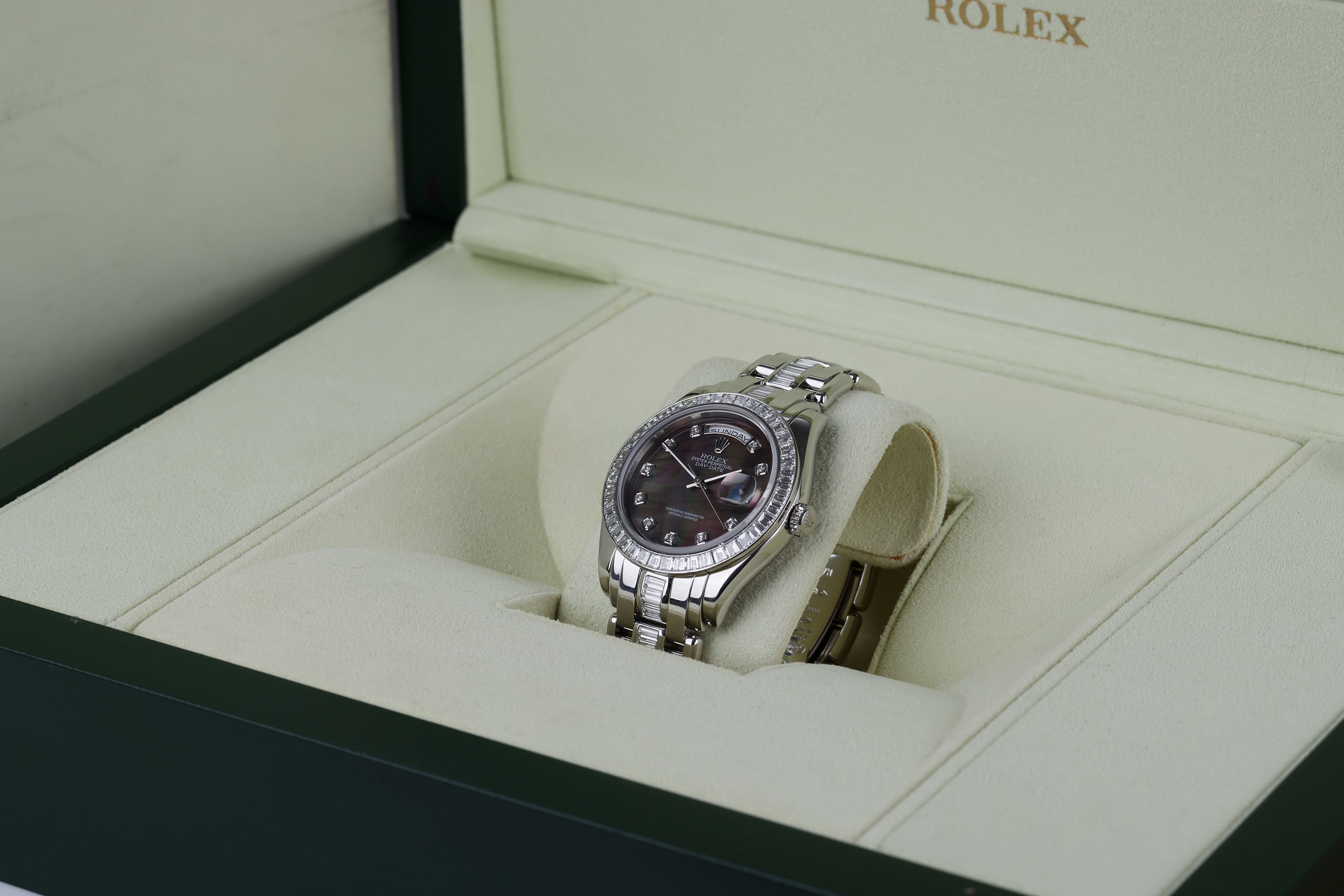 Rolex Day-Date Masterpiece 39 | REF. 18956 | Platinum | Black Mother of Pearl Diamond Dial | Diamond Bezel & Bracelet | 2000