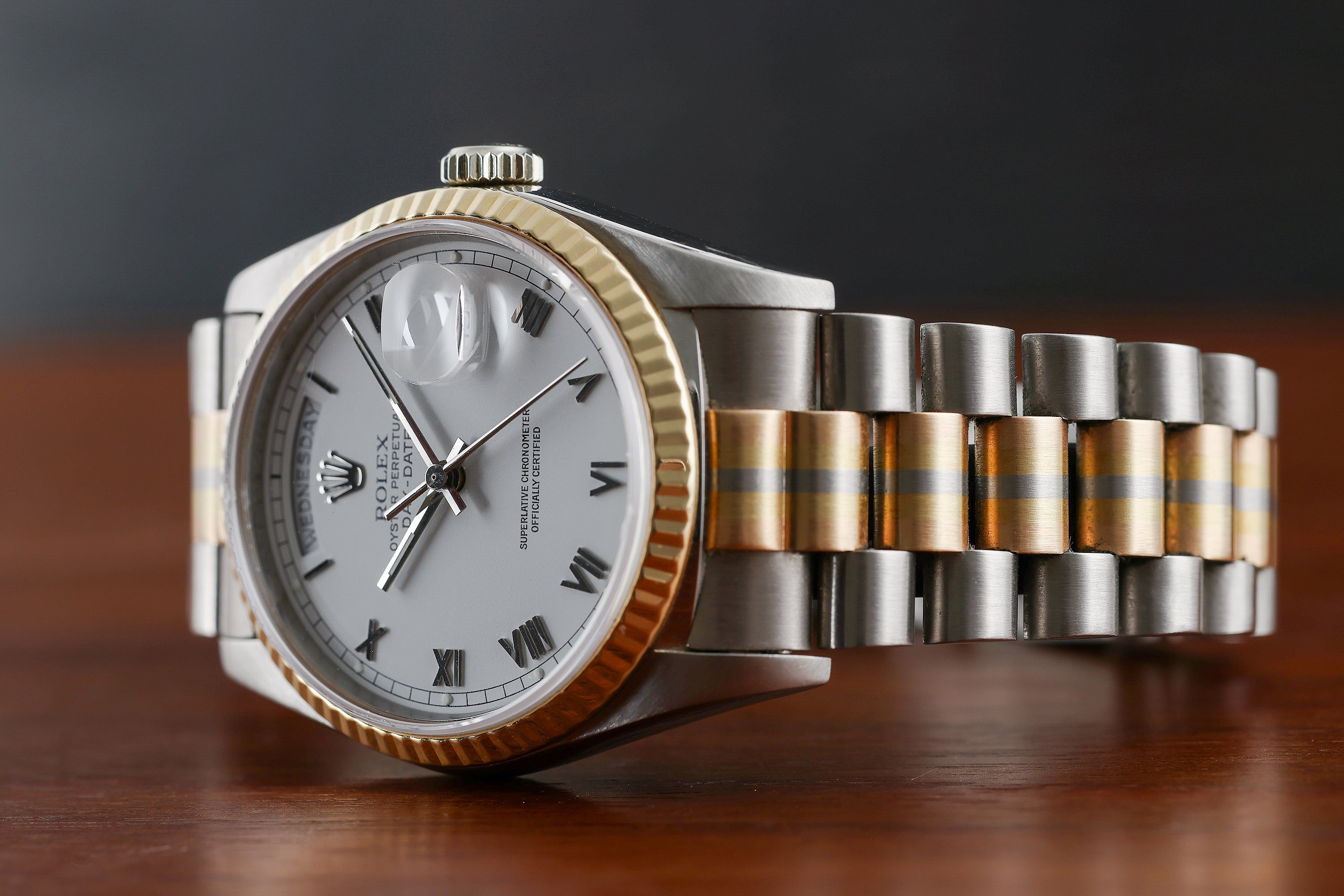 Rolex Day-Date Tridor | REF. 18239B | White Dial | 18k White, Rose & Yellow Gold | 1988