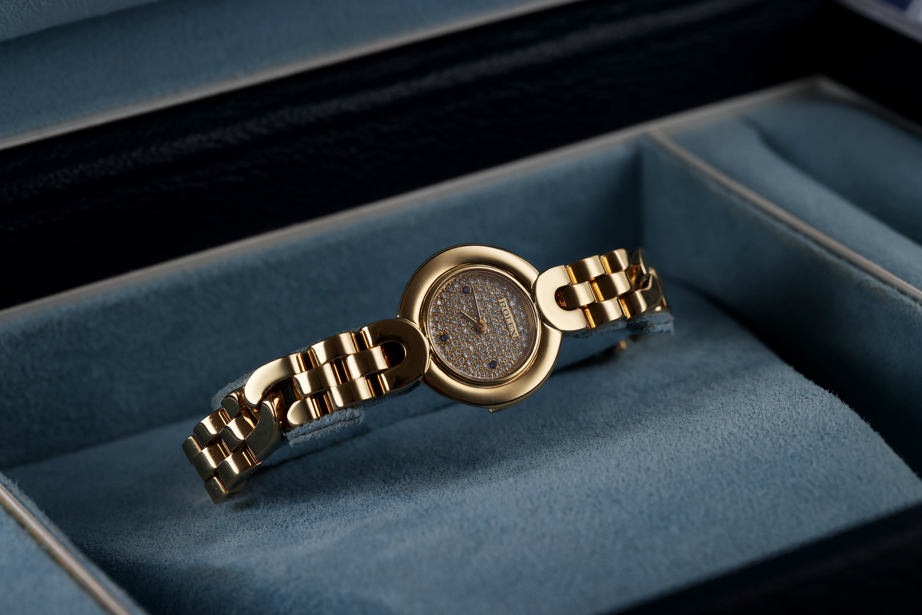 Rare Rolex Cellini | REF. 2294 | Pavé Diamond & Sapphire Dial | 18k Yellow Gold | 21mm | Box & Papers | 1987