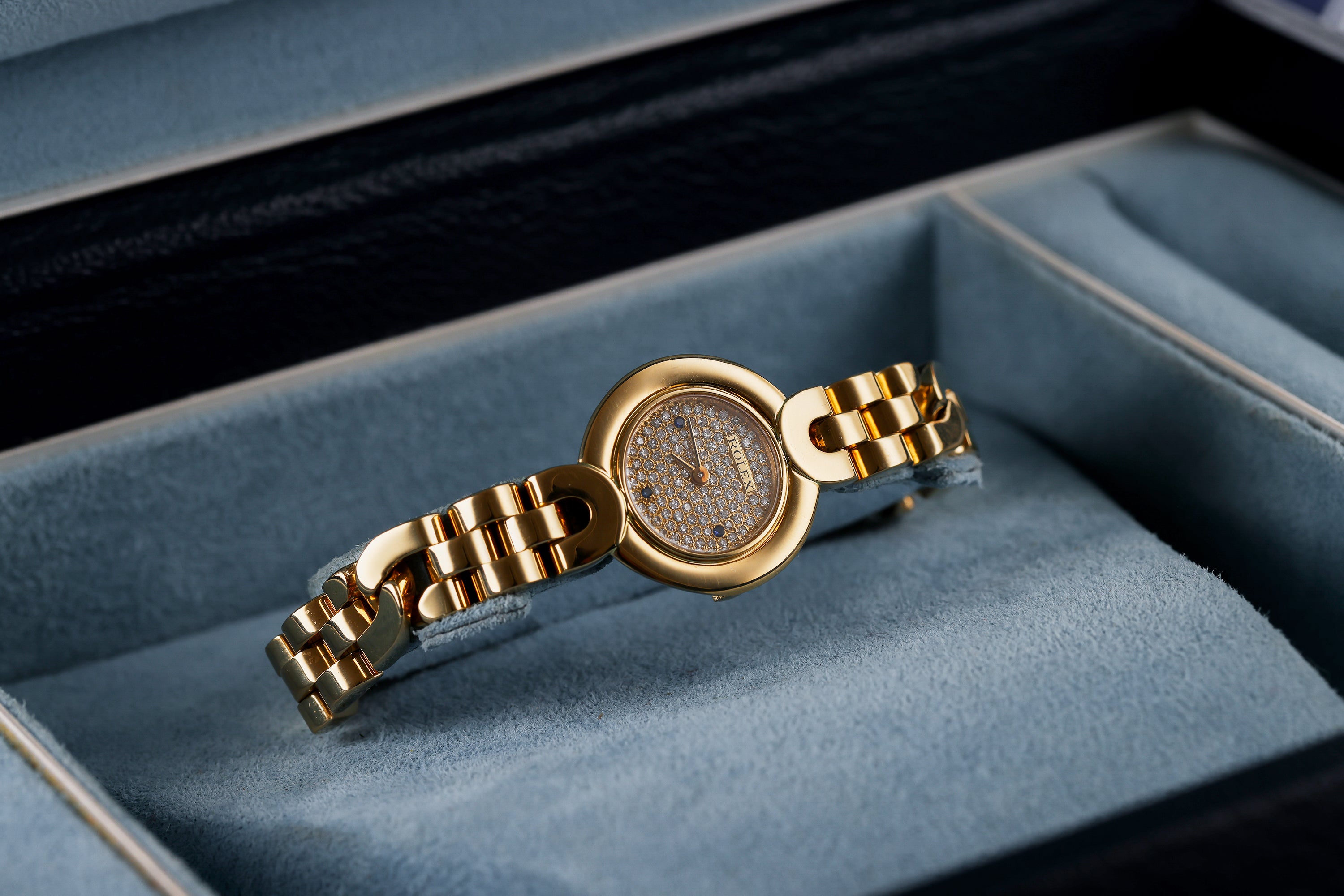 Rare Rolex Cellini | REF. 2294 | Pavé Diamond & Sapphire Dial | 18k Yellow Gold | 21mm | Box & Papers | 1987