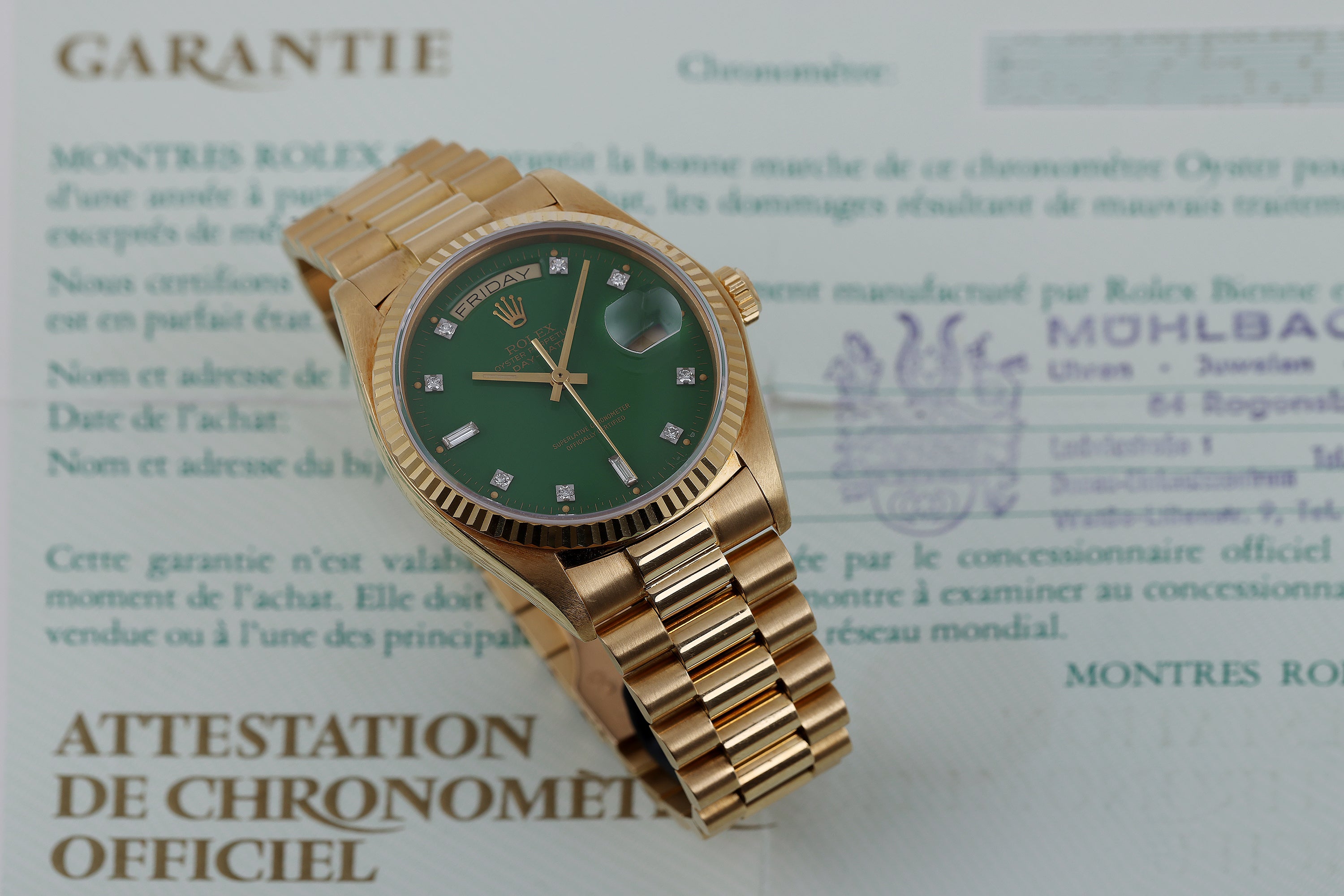 Rolex Day-Date | Green Stella Diamond Dial | REF. 18038 | Gold Dial | 18k Yellow Gold | 1979