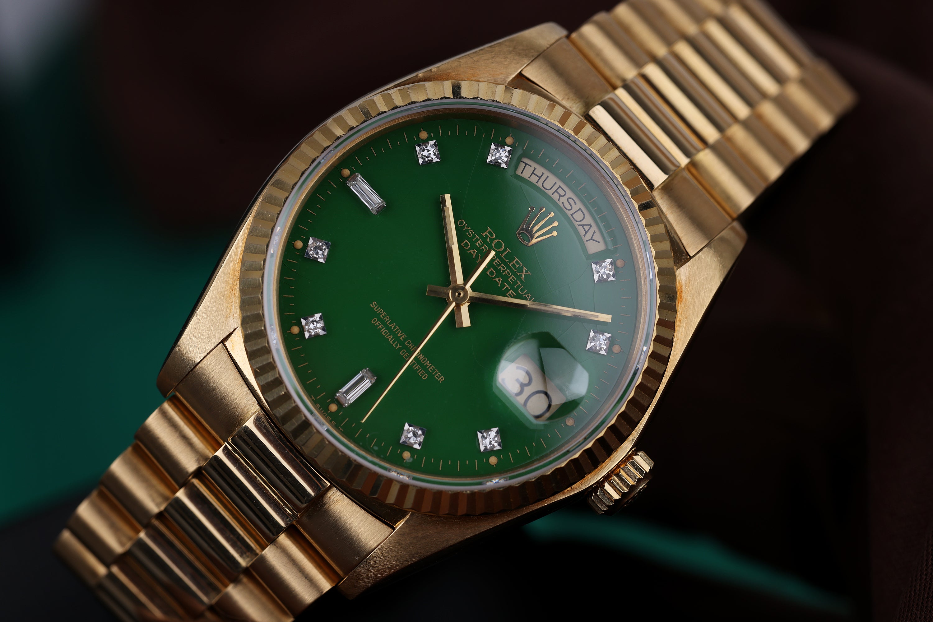 Rolex Day-Date | Green Stella Diamond Dial | REF. 18038 | Gold Dial | 18k Yellow Gold | 1979