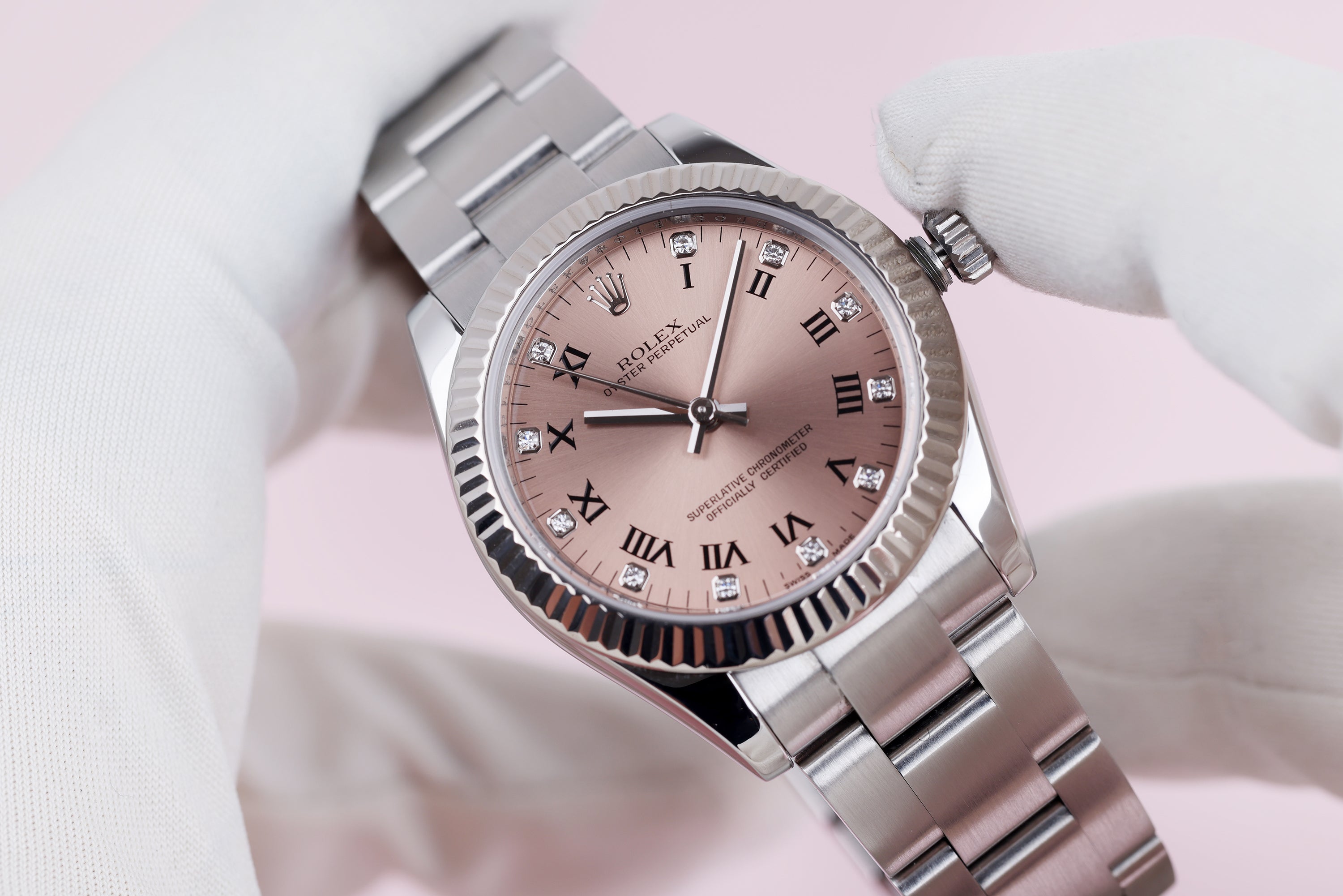Rolex Oyster Perpetual 31 | REF. 177234 | Salmon Dial | Roman Numerals & Diamond Hour | Stainless Steel & 18k White Gold Bezel | Box & Papers | 2007