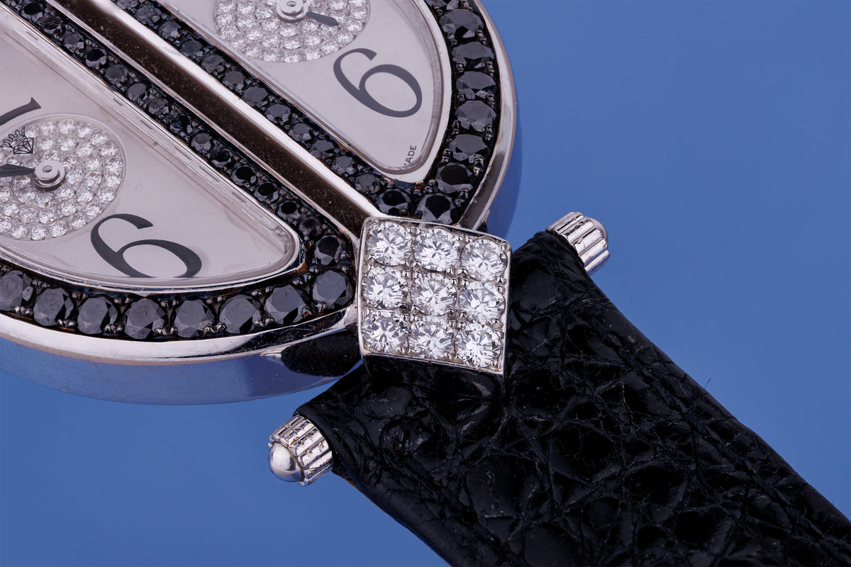 The Royal Diamond 'Double' - Dual Time Ladies Wristwatch | REF. BA 218 | Black & White Diamonds | 18k White Gold | Quartz | 36mm | 2000's