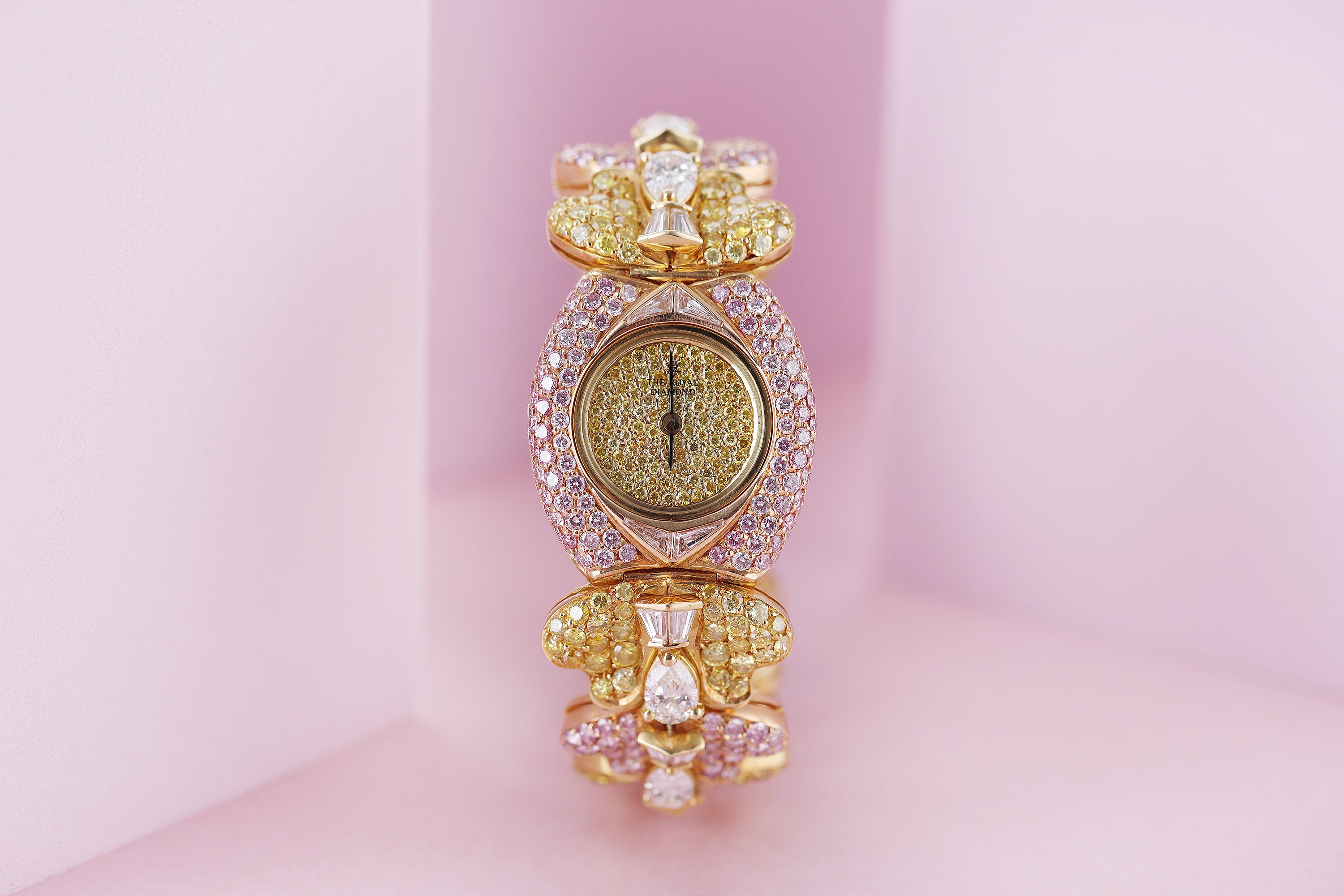 Rare The Royal Diamond 1990's Ladies Wristwatch | Yellow & Pink Diamonds | 18k Yellow Gold | 24mm | Quartz