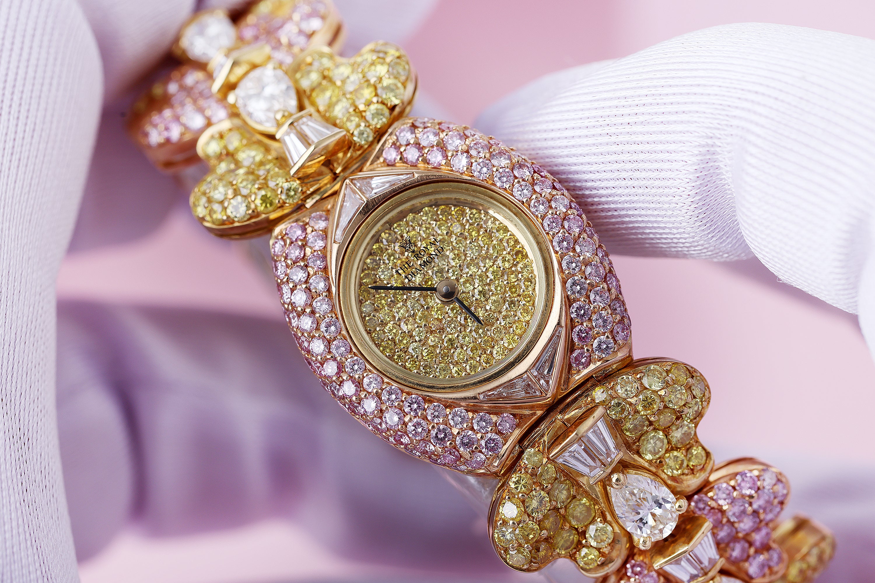 Rare The Royal Diamond 1990's Ladies Wristwatch | Yellow & Pink Diamonds | 18k Yellow Gold | 24mm | Quartz