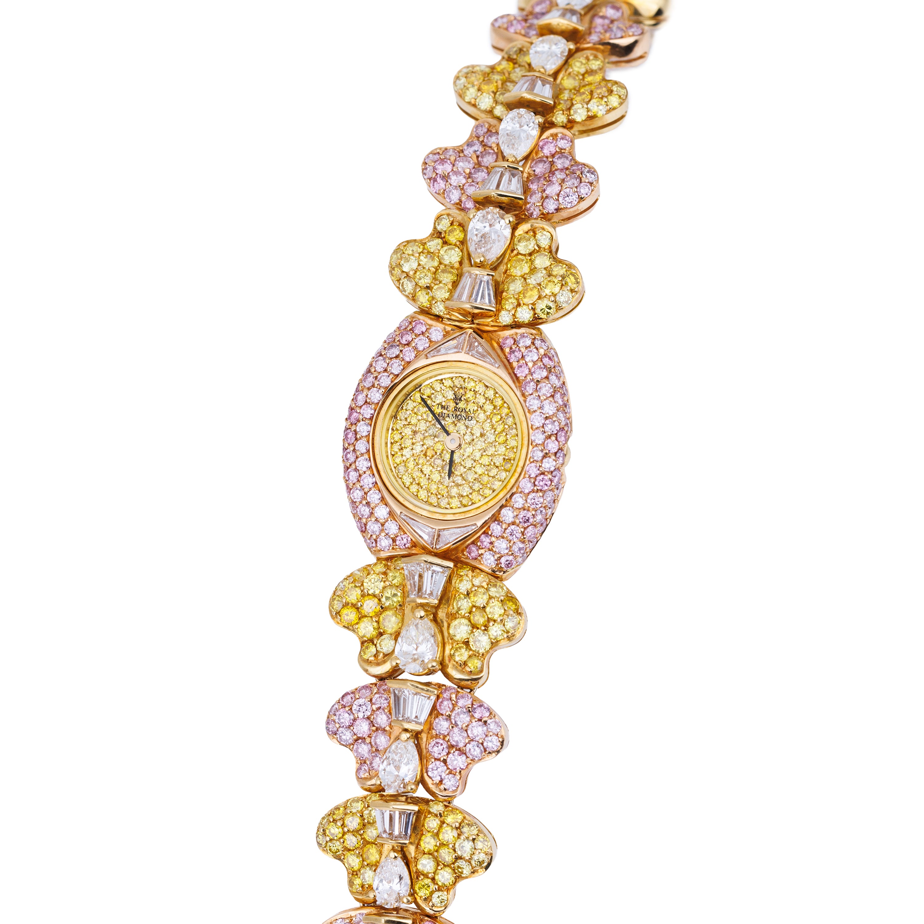 Rare The Royal Diamond 1990's Ladies Wristwatch | Yellow & Pink Diamonds | 18k Yellow Gold | 24mm | Quartz