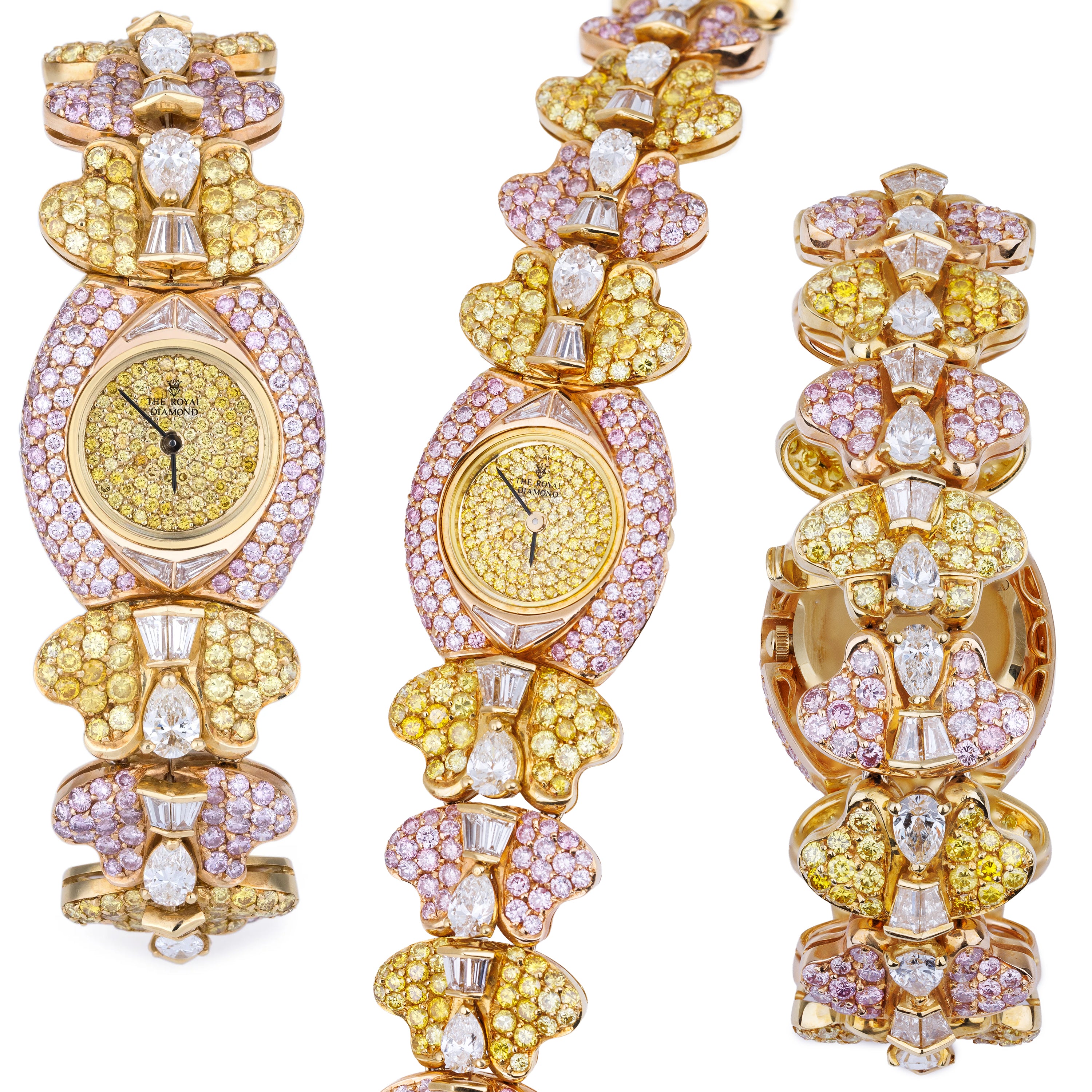 Rare The Royal Diamond 1990's Ladies Wristwatch | Yellow & Pink Diamonds | 18k Yellow Gold | 24mm | Quartz