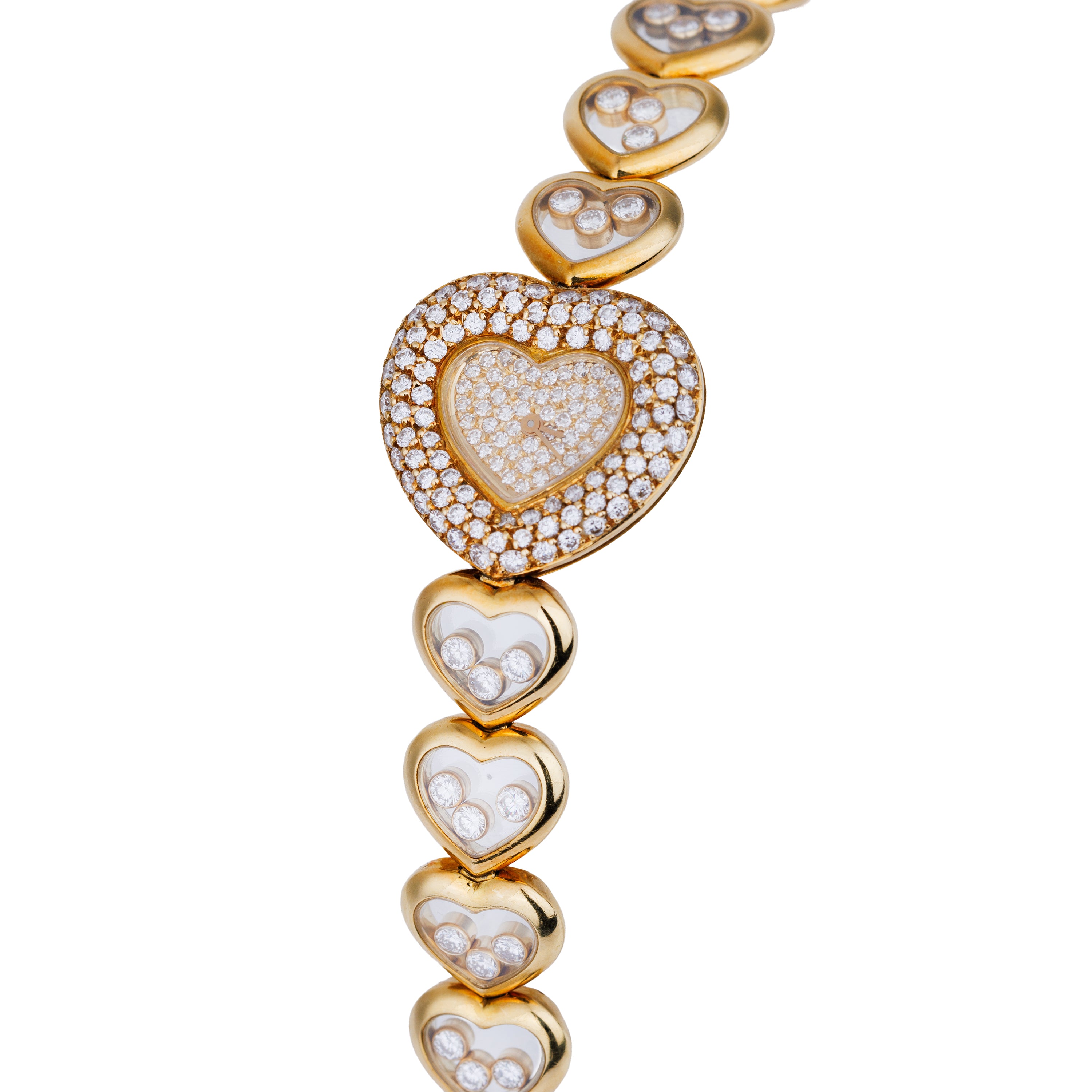 Unworn Rare Chopard Happy Diamonds | REF. 535 1 | Unique Heart Shaped Bracelet with Floating Diamonds, Pave Diamond Dial & Bezel | 18k Yellow Gold