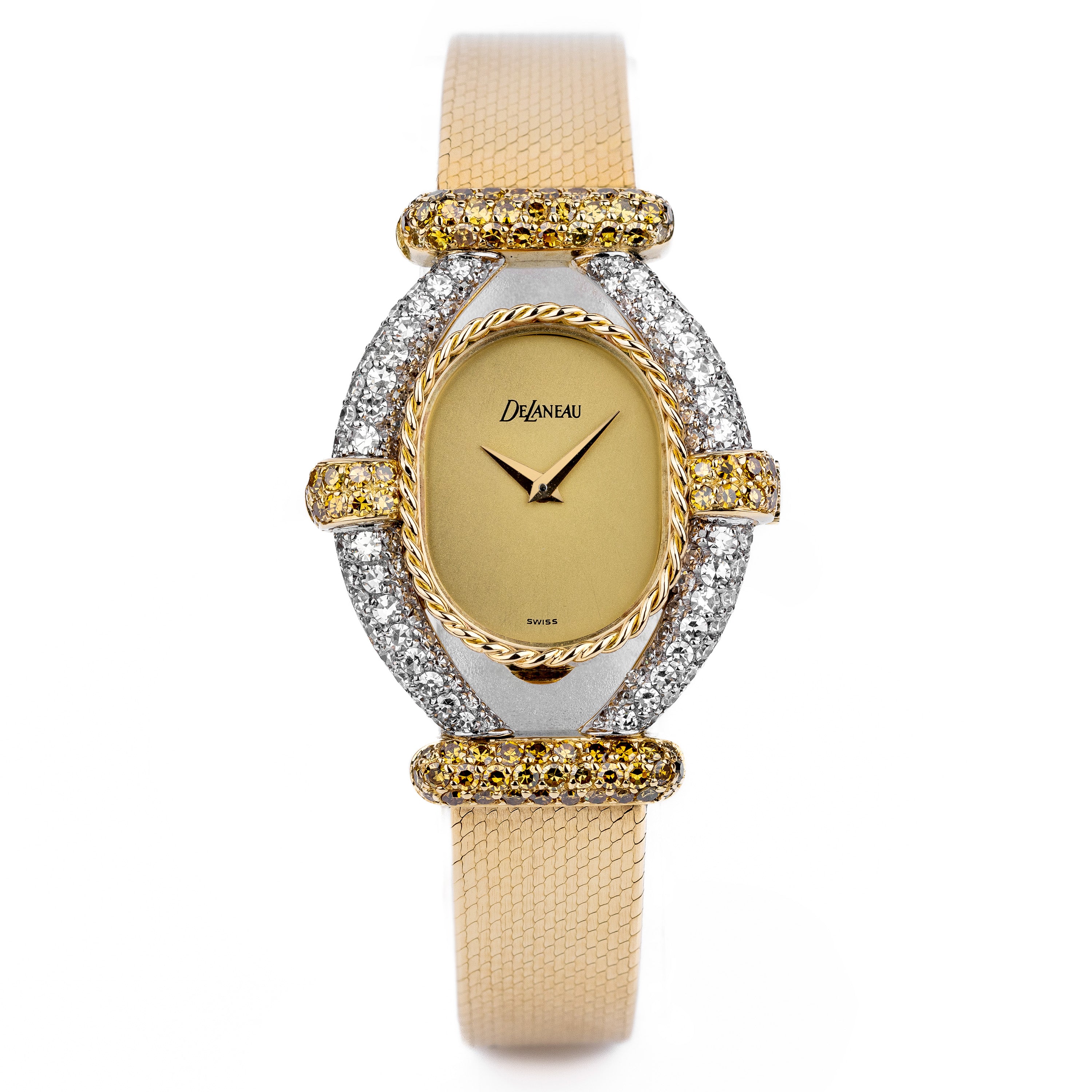 DeLaneau White & Yellow Diamond Wristwatch | Kutchinsky Caseback | Gold Dial | 18k Yellow & White Gold | 1970's