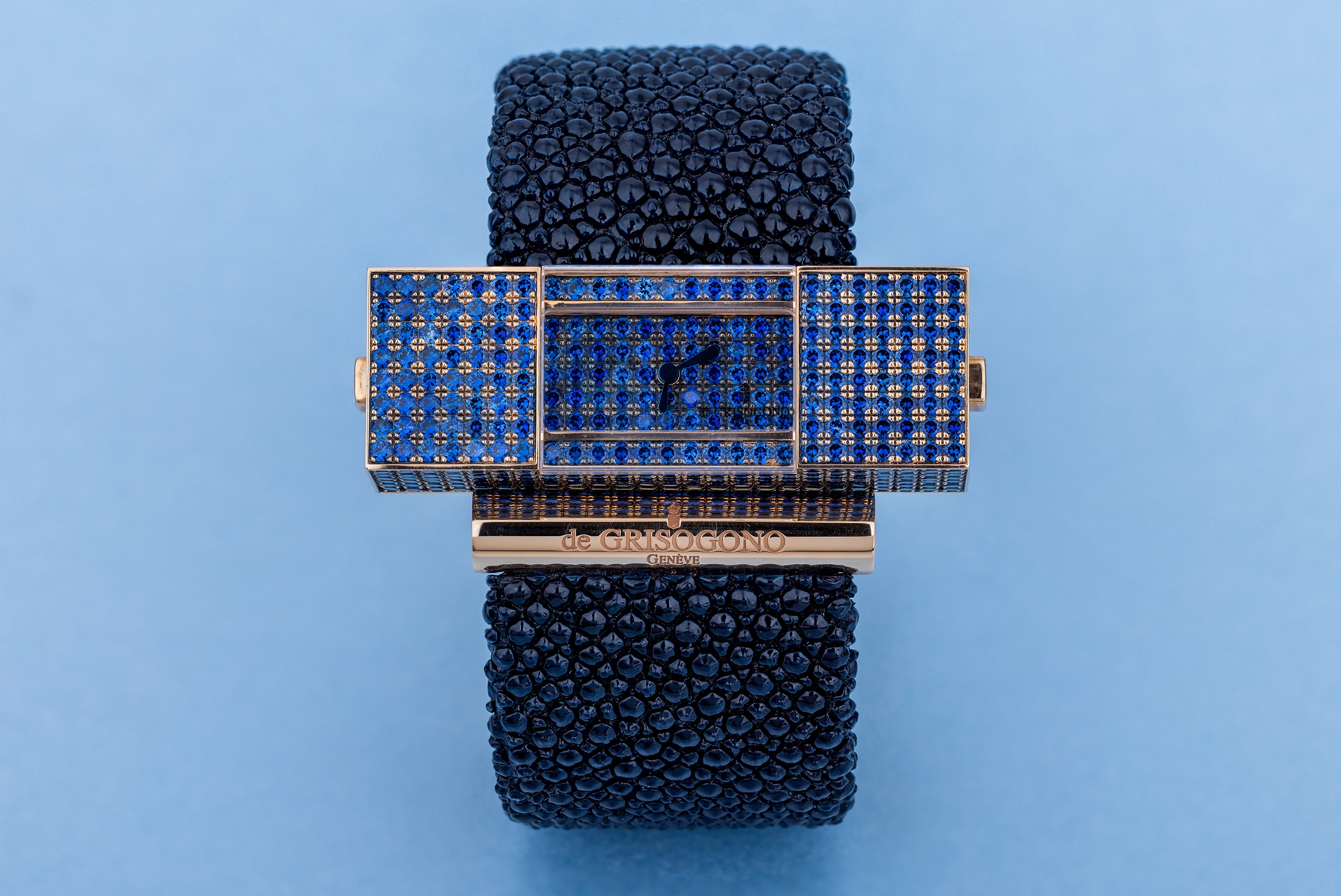 De Grisogono 'Lipstick' | Rectangular Cuff Watch | Blue Sapphire Dial & Case | 18k Rose Gold