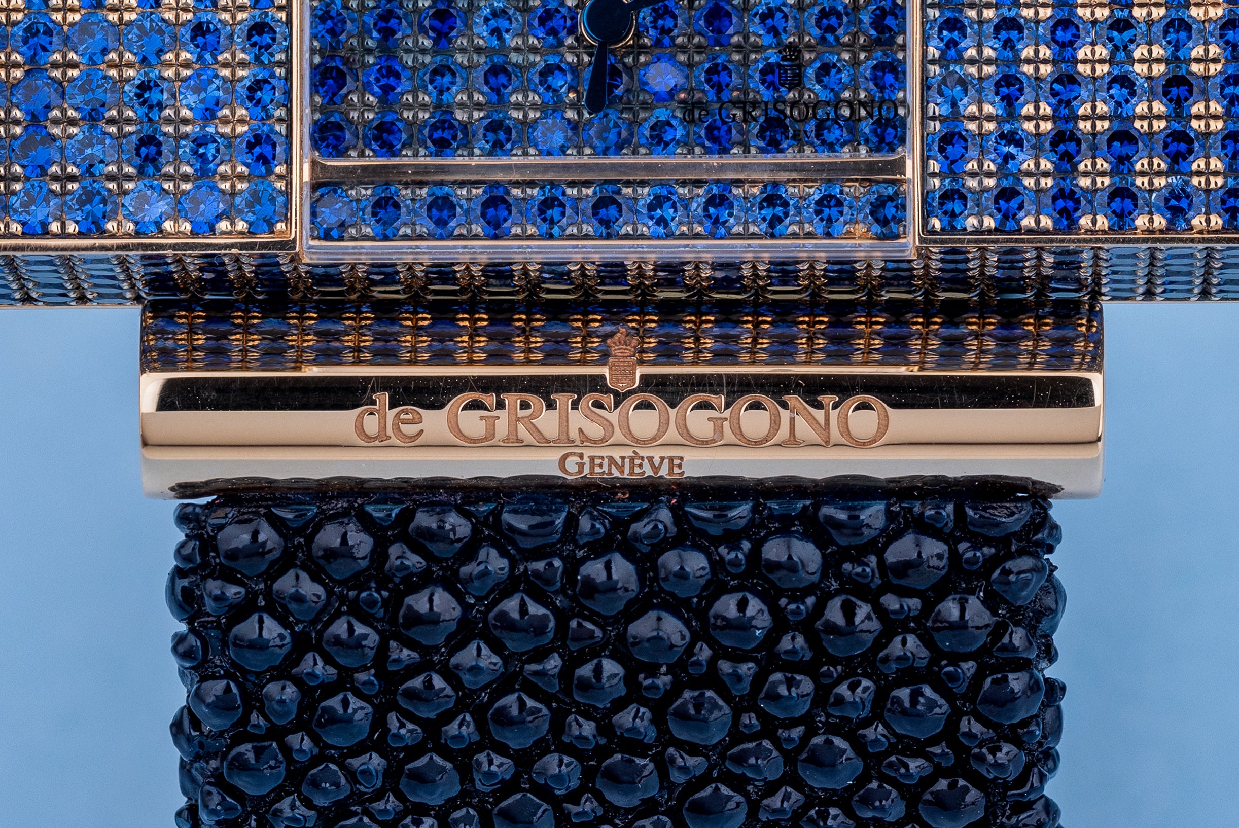 De Grisogono 'Lipstick' | Rectangular Cuff Watch | Blue Sapphire Dial & Case | 18k Rose Gold