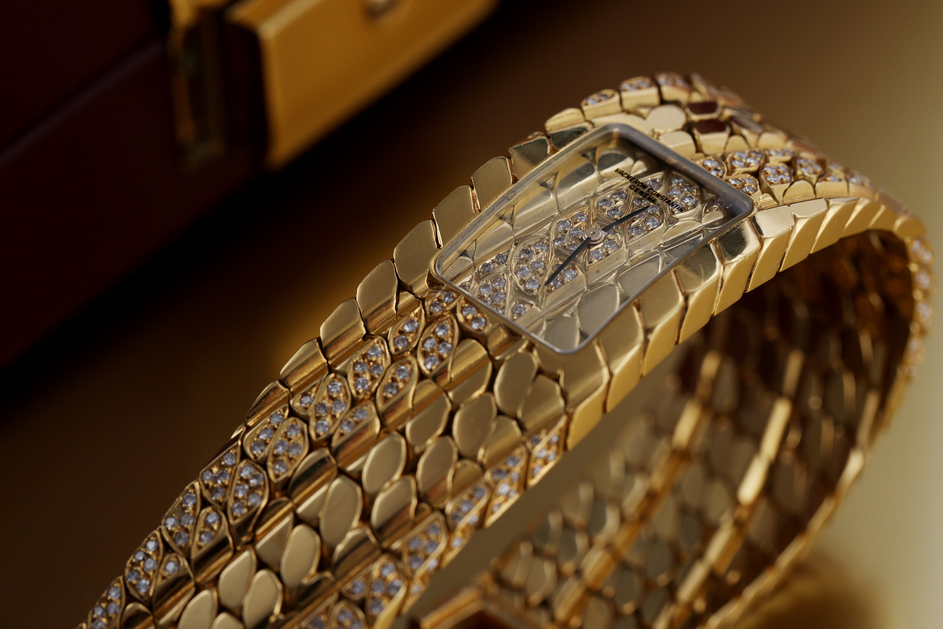 Vacheron Constantin 1990's Wristwatch | Pavé Diamond & Scale Textured | 18k Yellow Gold | 22mm | Quartz | Box