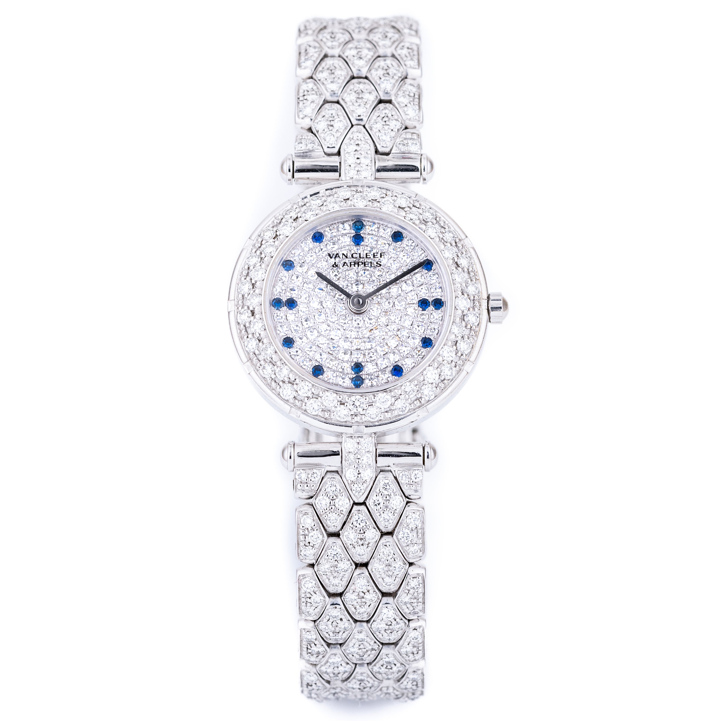 Unworn Van Cleef & Aprels Round Ladies Watch | 18k White Gold | Pave Diamond & Sapphire Dial | Pave Diamond Bracelet | Circa 2000's