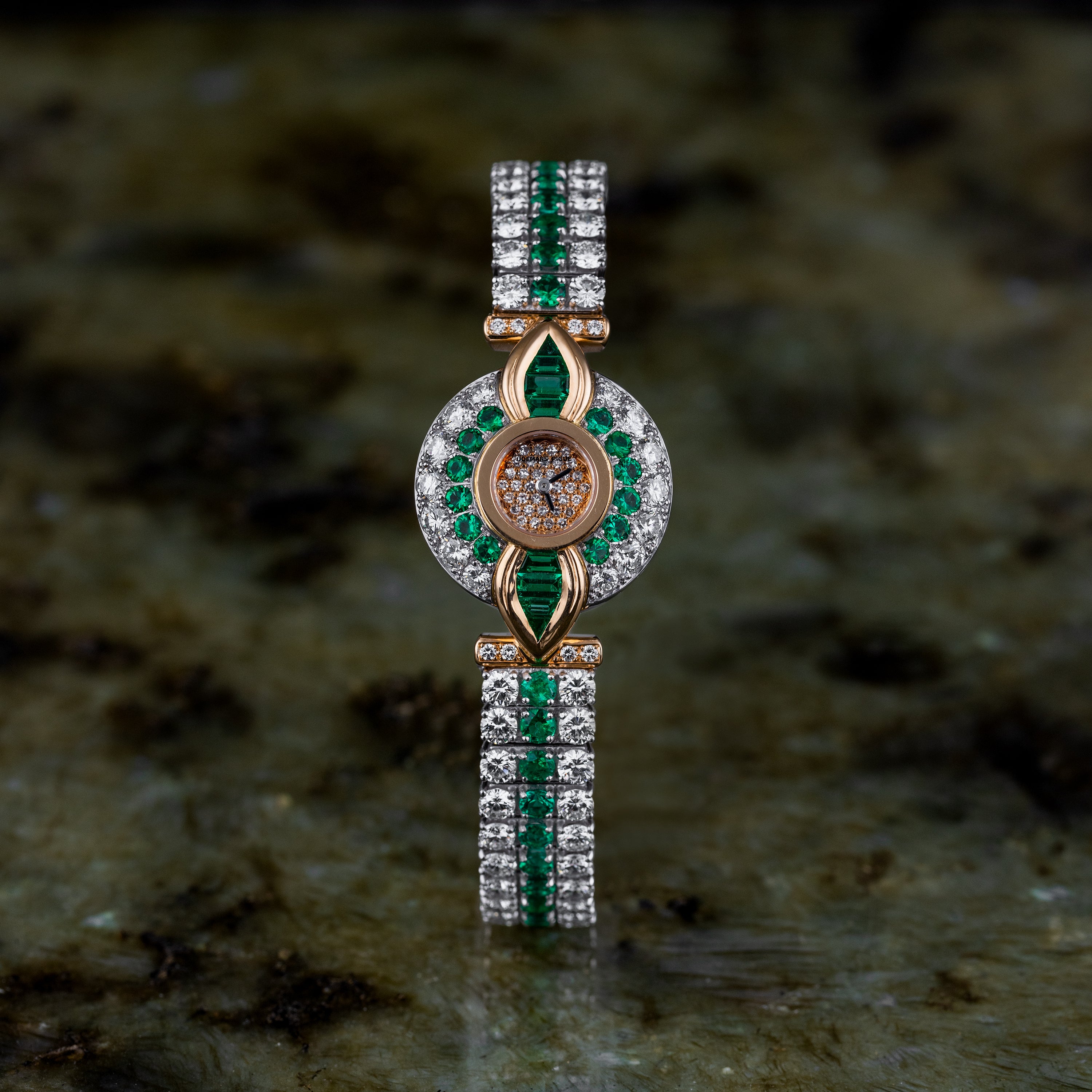 Unworn Extremely Rare Audemars Piguet Lady Wristwatch | Pave Diamonds & Emeralds | 18k Rose & White Gold