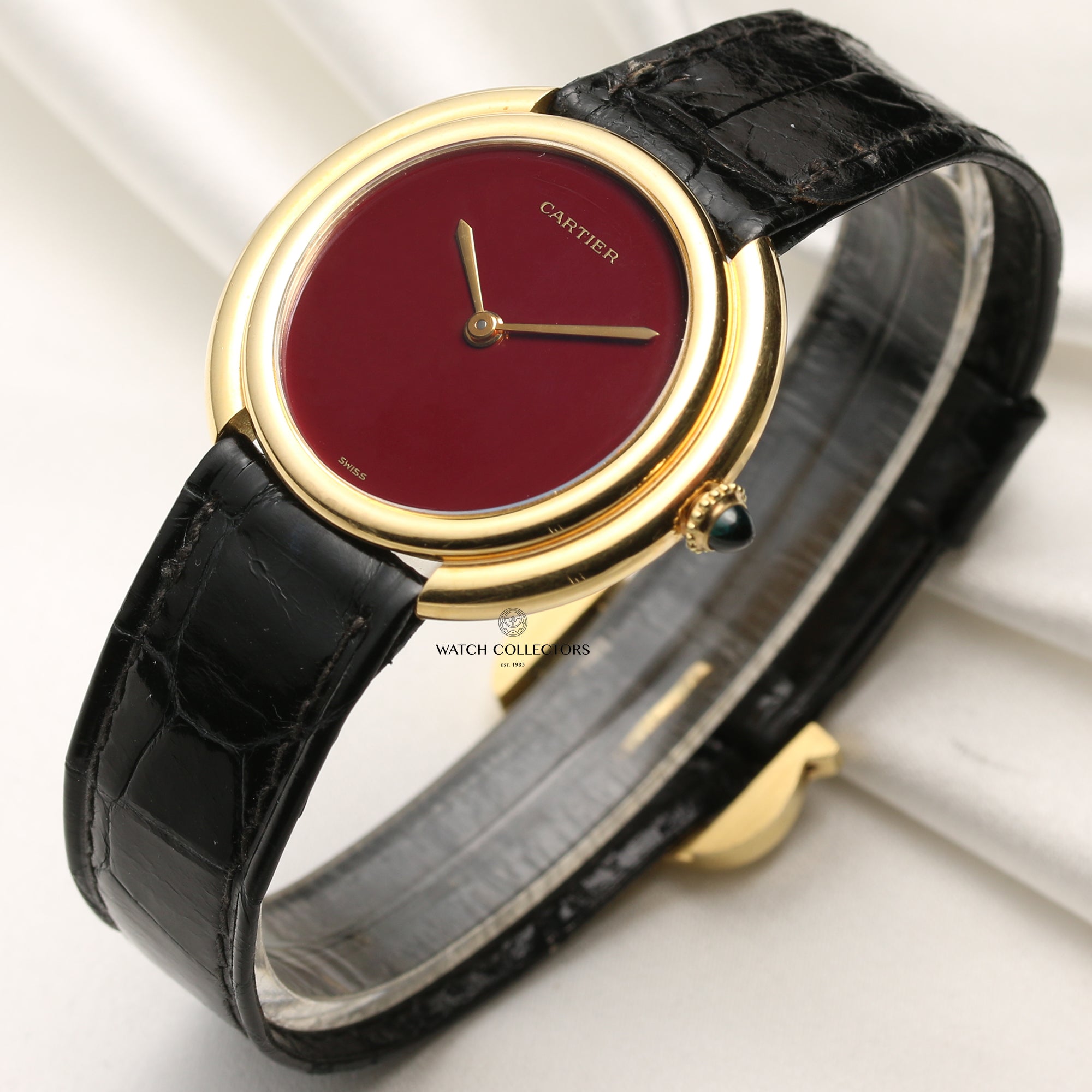 Cartier 18K Yellow Gold Burgundy Stone Dial Second Hand Watch Collectors 3