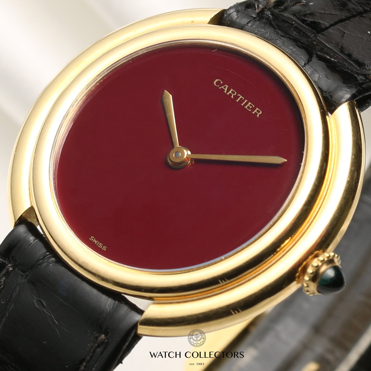 Cartier 18K Yellow Gold Burgundy Stone Dial Second Hand Watch Collectors 4