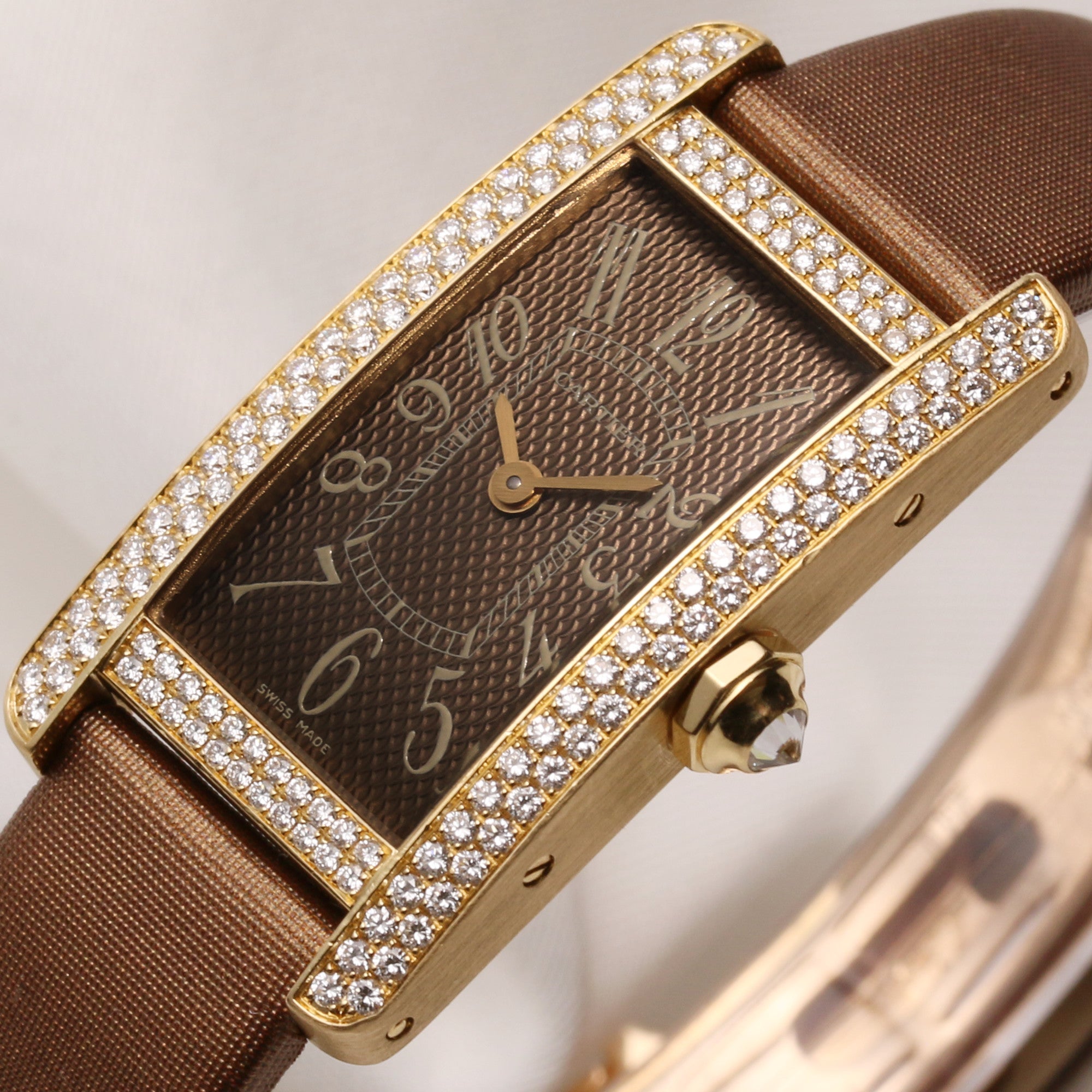 Cartier Lady Tank Americaine 2482 18K Yellow Gold Diamond Bezel Brown Satin Strap Second Hand Watch Collectors 4