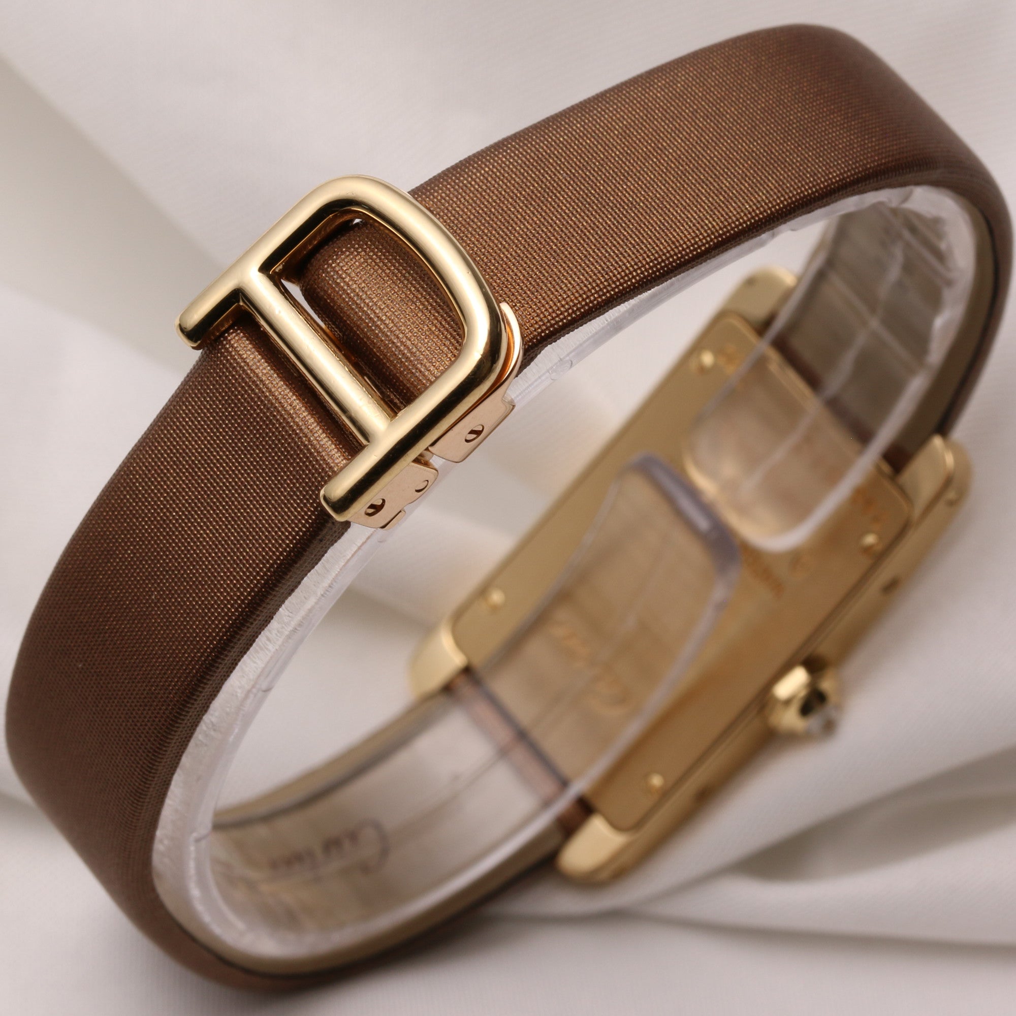 Cartier Lady Tank Americaine 2482 18K Yellow Gold Diamond Bezel Brown Satin Strap Second Hand Watch Collectors 6