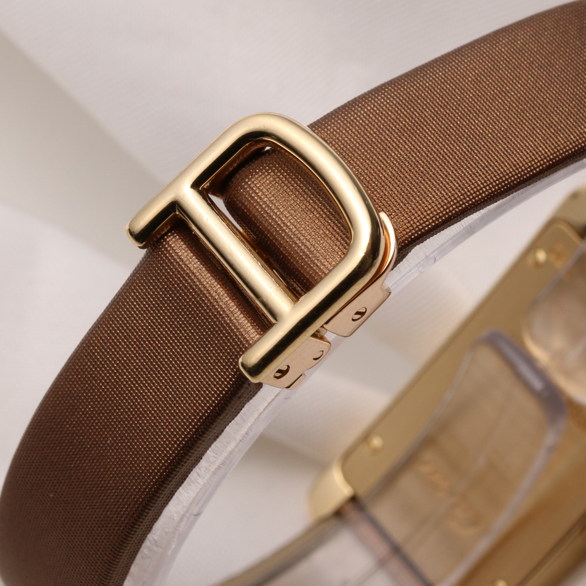 Cartier Lady Tank Americaine 2482 18K Yellow Gold Diamond Bezel Brown Satin Strap Second Hand Watch Collectors 7