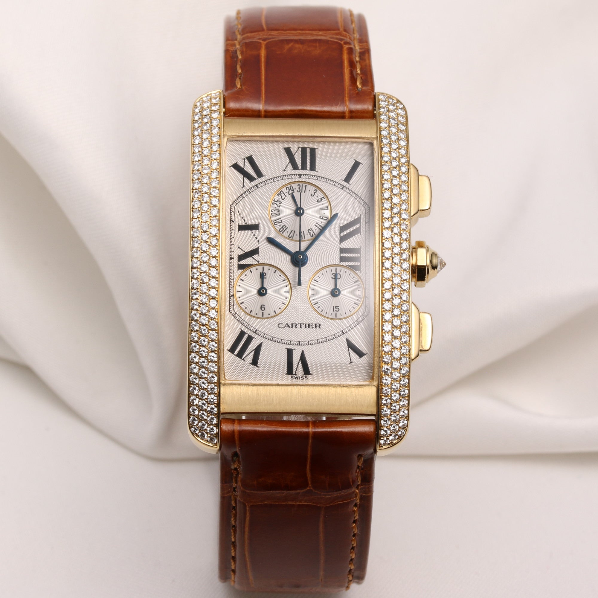 Cartier Tank Américaine Chronograph 2341 18K Yellow Gold Diamond Bezel Second Hand Watch Collectors 1