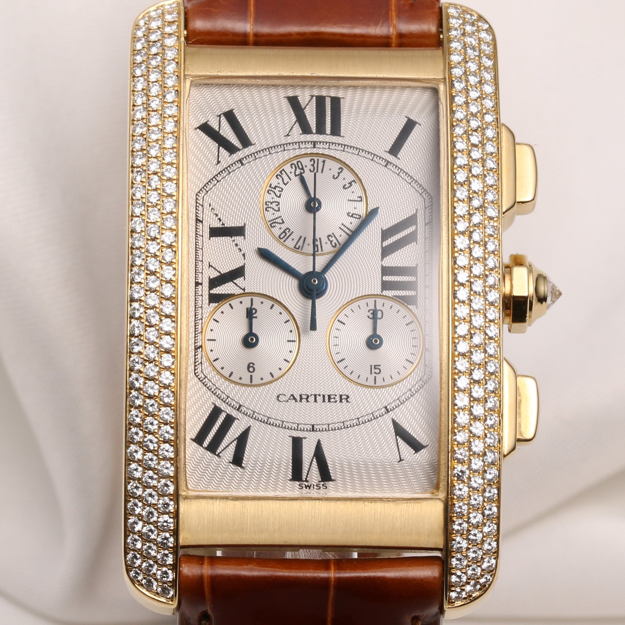 Cartier Tank Américaine Chronograph 2341 18K Yellow Gold Diamond Bezel Second Hand Watch Collectors 2