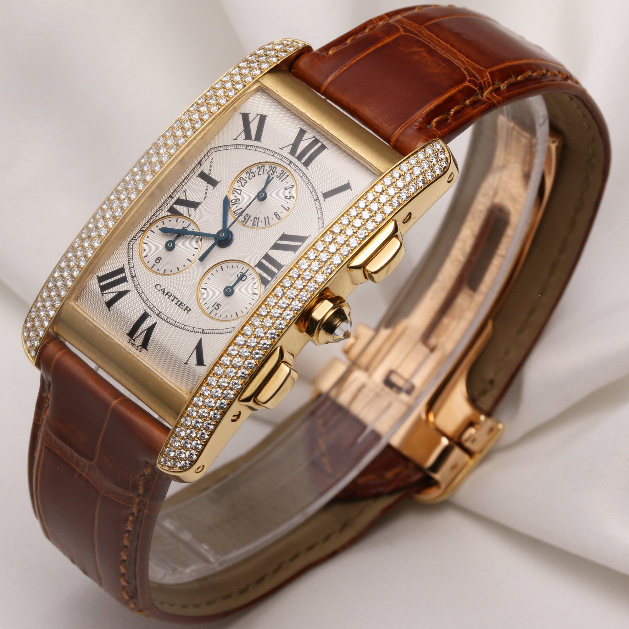 Cartier Tank Américaine Chronograph 2341 18K Yellow Gold Diamond Bezel Second Hand Watch Collectors 3