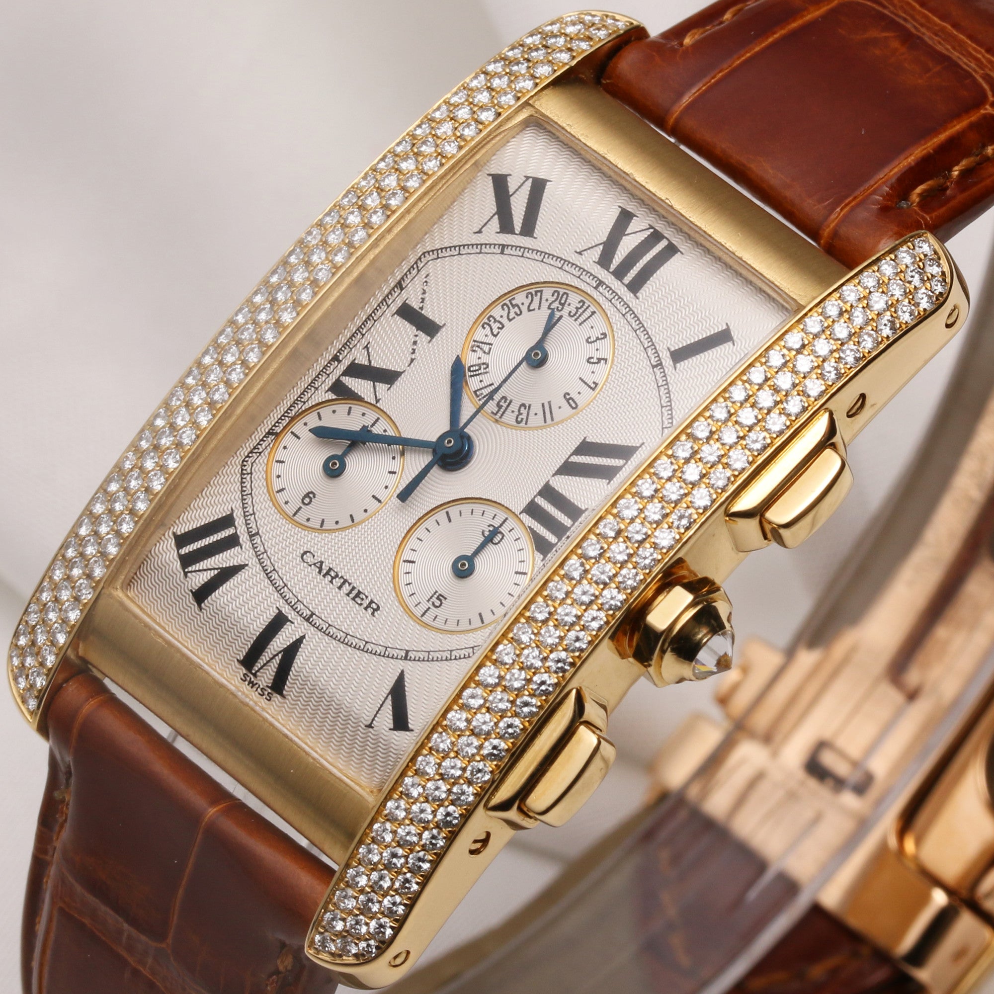 Cartier Tank Américaine Chronograph 2341 18K Yellow Gold Diamond Bezel Second Hand Watch Collectors 4