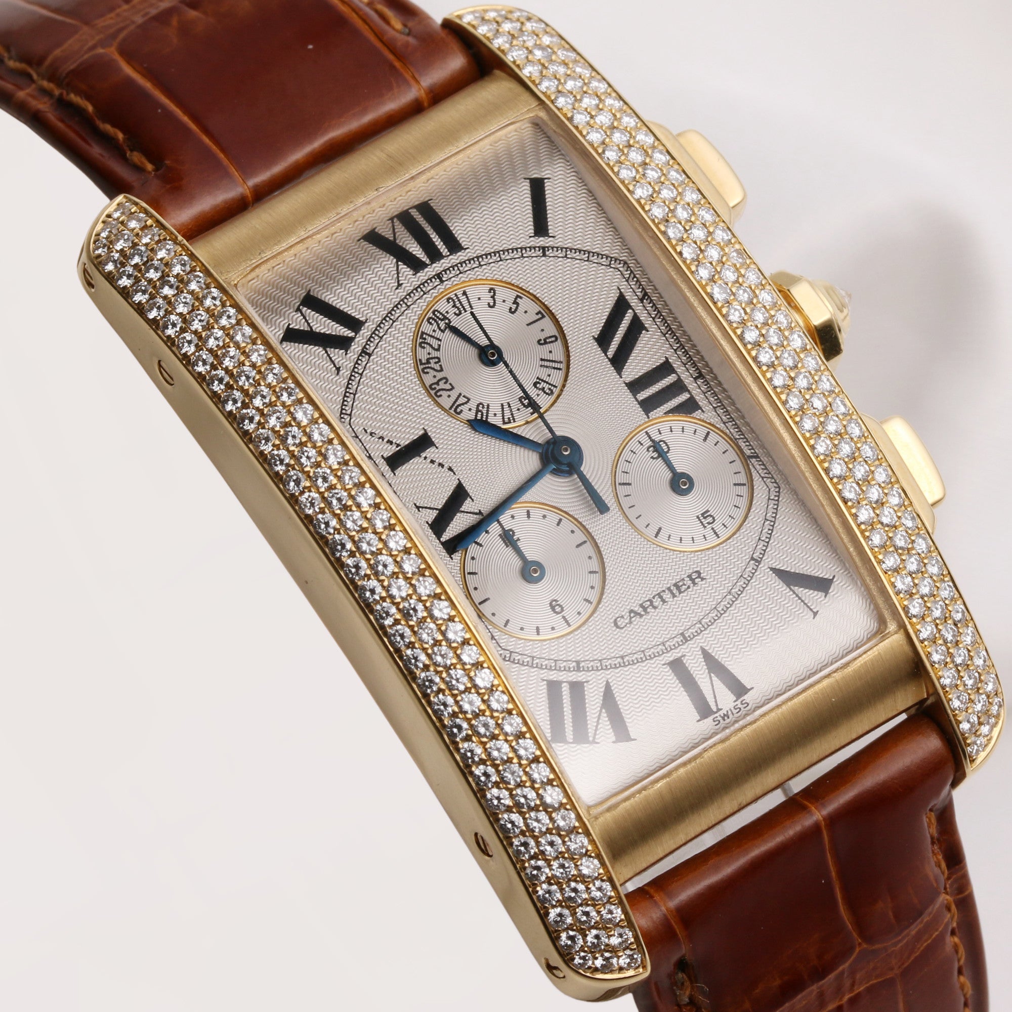 Cartier Tank Américaine Chronograph 2341 18K Yellow Gold Diamond Bezel Second Hand Watch Collectors 5