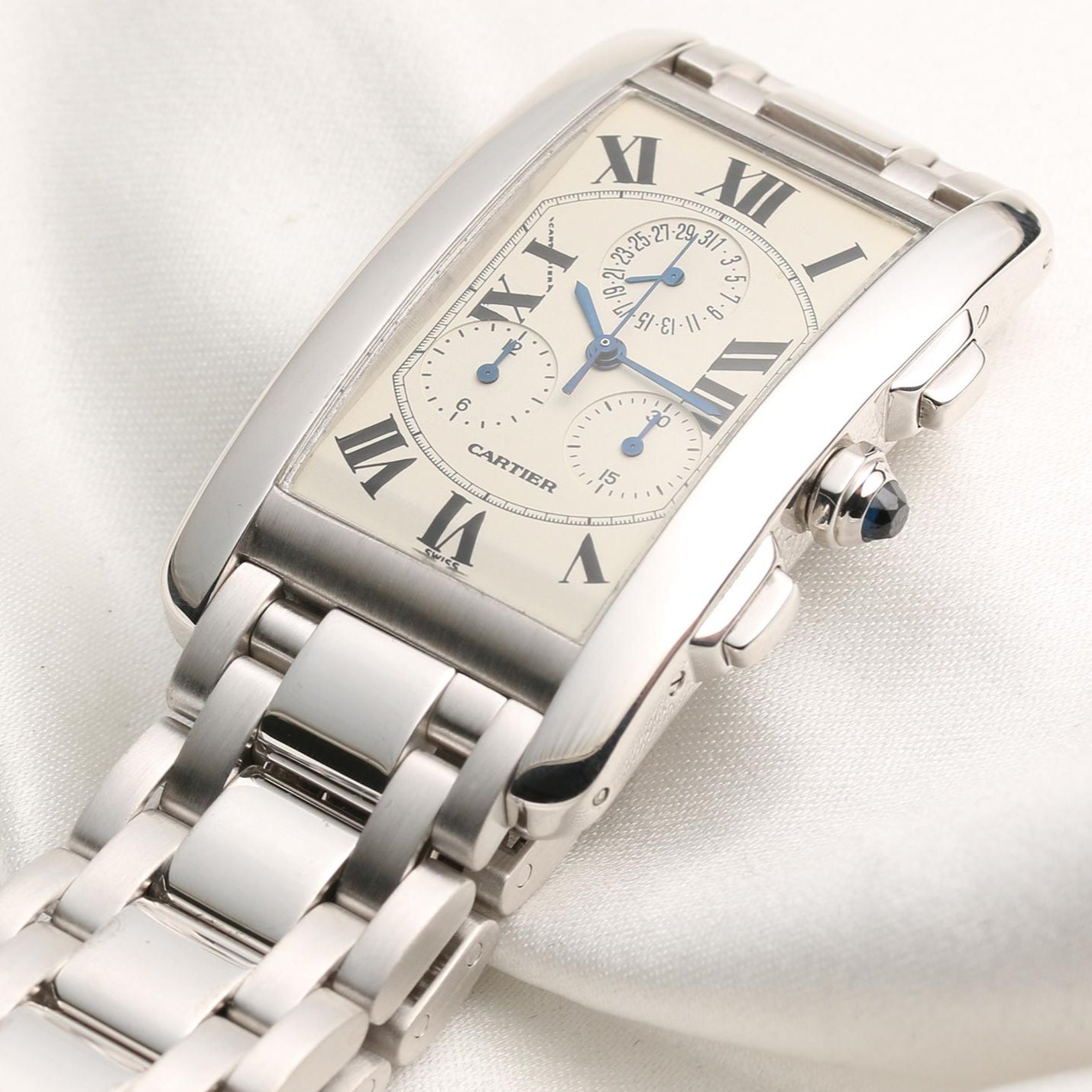 Cartier Tank Americaine 18K White Gold Chronograph Second Hand Watch Collectors 9